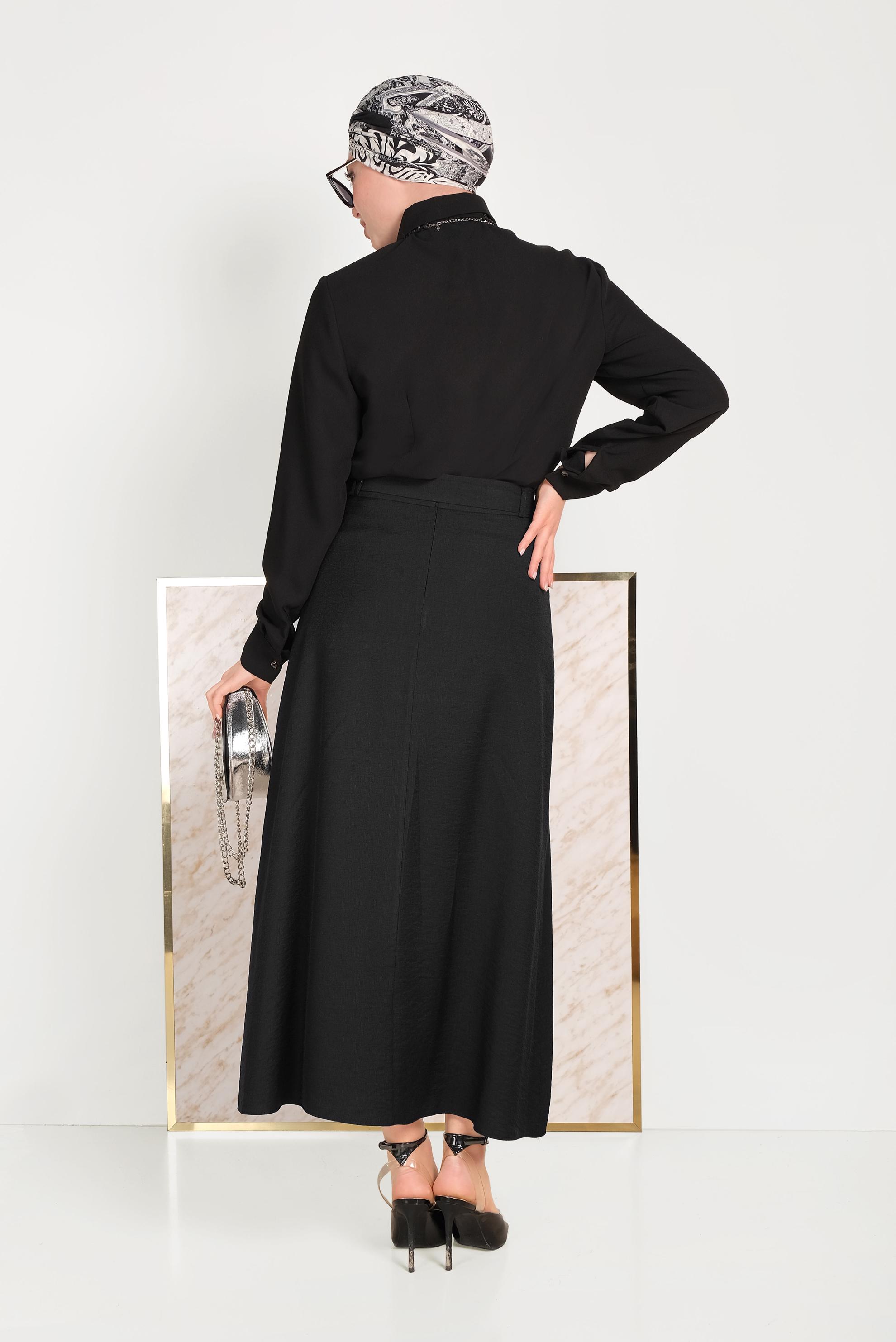 Hijab clothing BLACK A-LINE SHAPED BUTTONED DRESS 60067