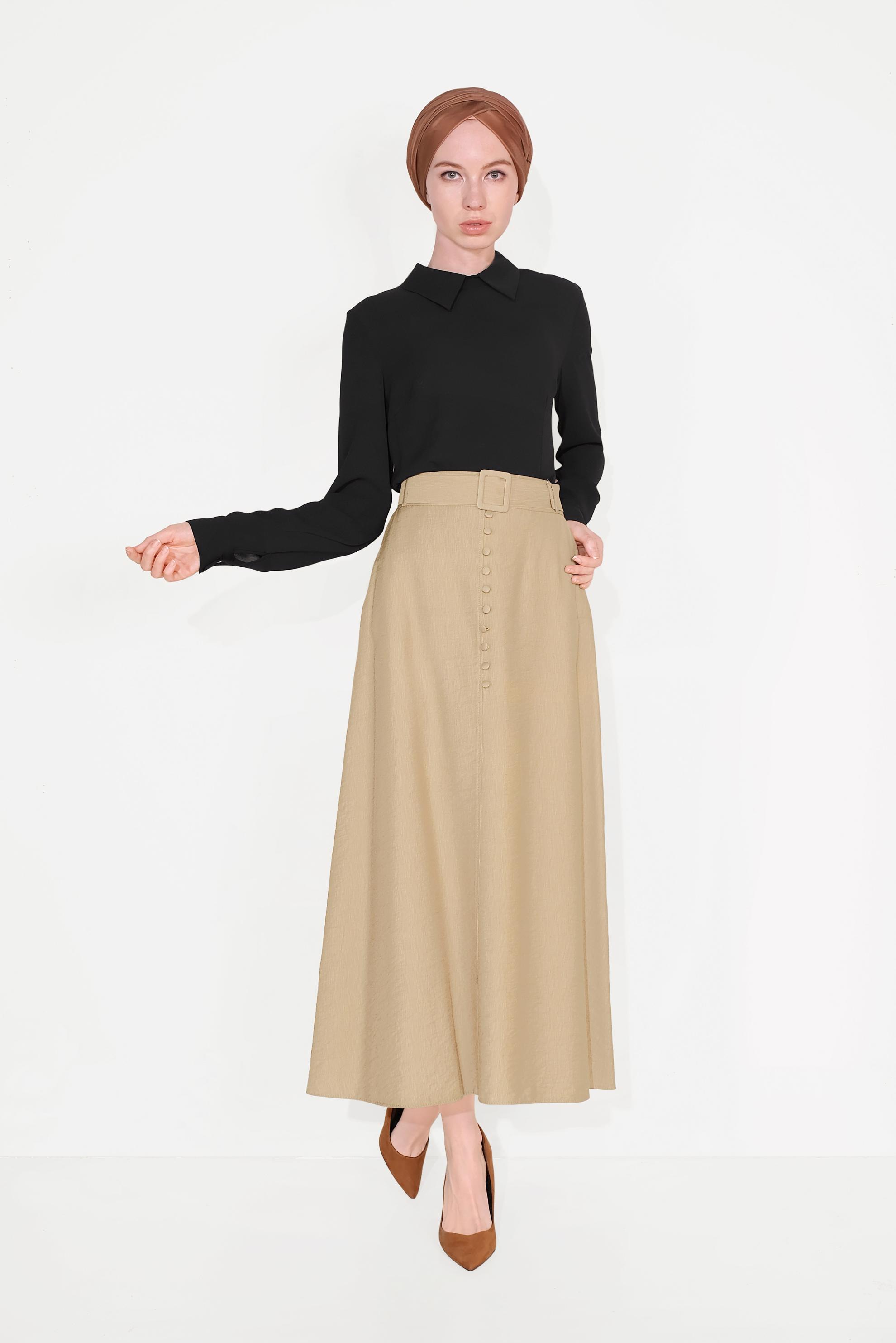 Tesettür giyim KAHVE A KESİM DÜĞMELİ ETEK 60067