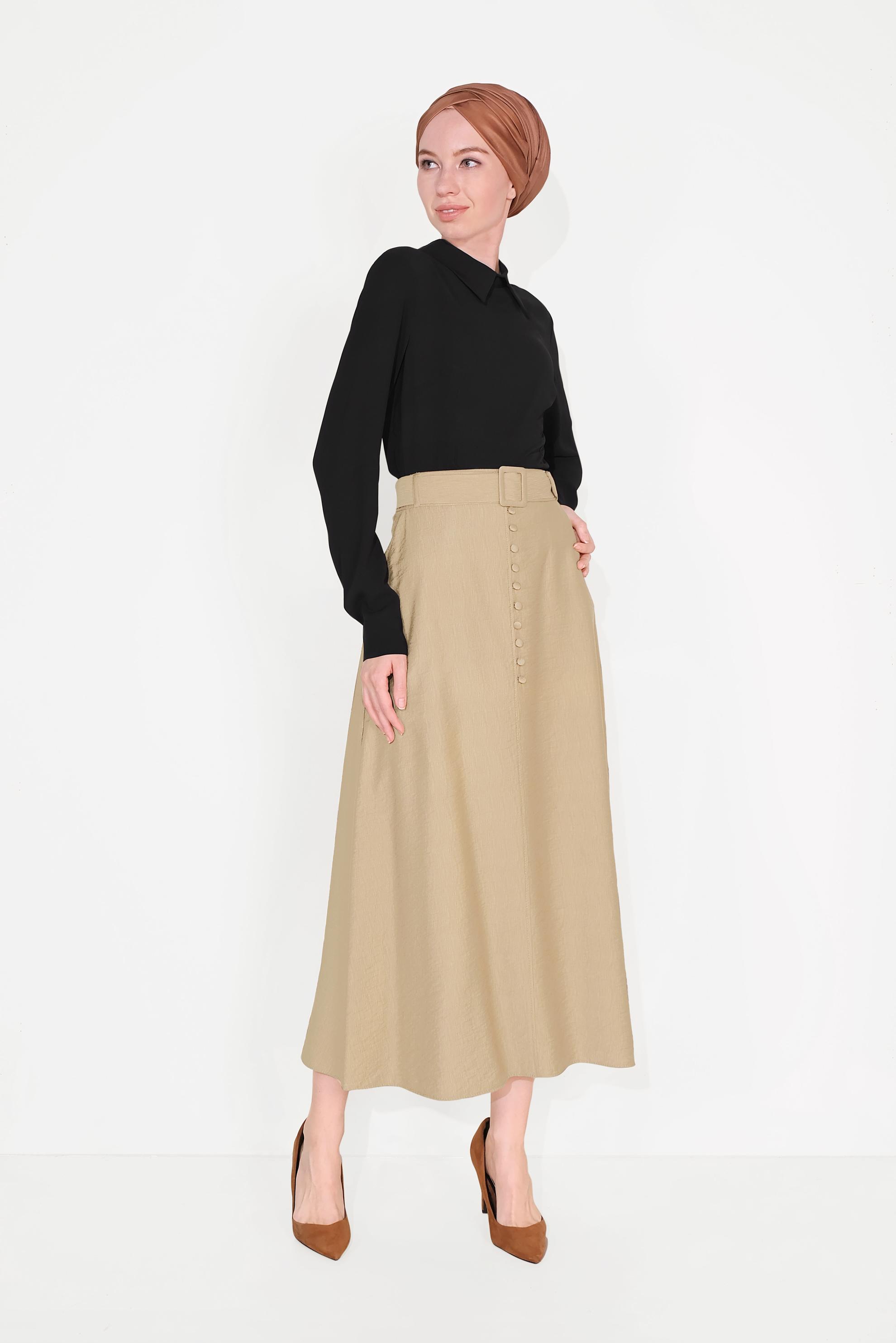 Tesettür giyim KAHVE A KESİM DÜĞMELİ ETEK 60067