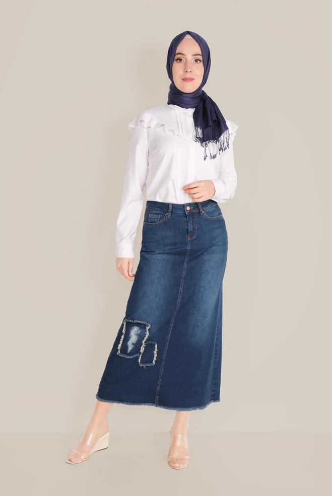 Vêtements hijab BLEU MARINE JUPE EN JEAN AVEC PİÈCES 60070  - ALVİNA