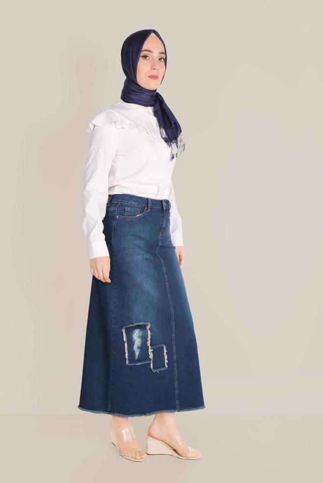 Vêtements hijab BLEU MARINE JUPE EN JEAN AVEC PİÈCES 60070  - ALVİNA