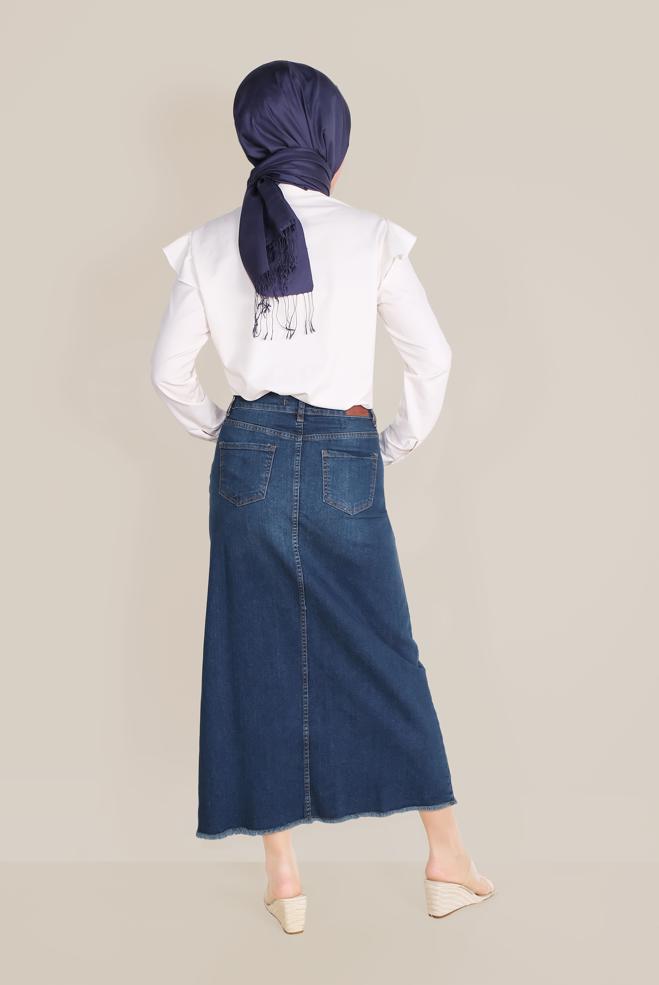 Vêtements hijab BLEU MARINE JUPE EN JEAN AVEC PİÈCES 60070  - ALVİNA