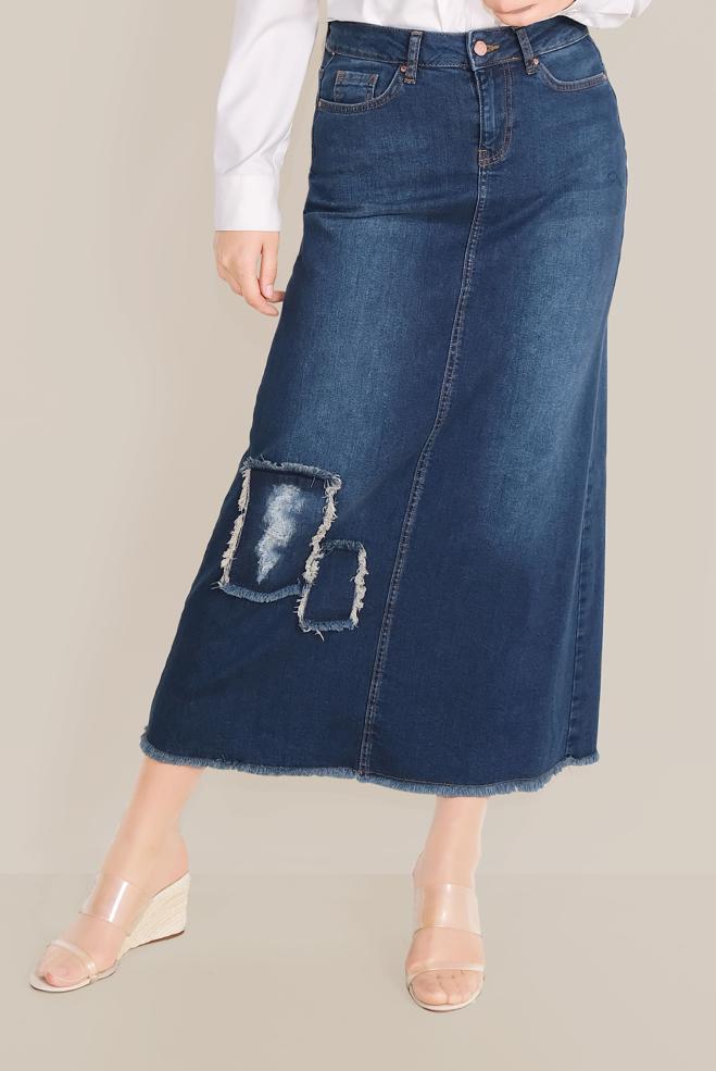 Vêtements hijab BLEU MARINE JUPE EN JEAN AVEC PİÈCES 60070  - ALVİNA
