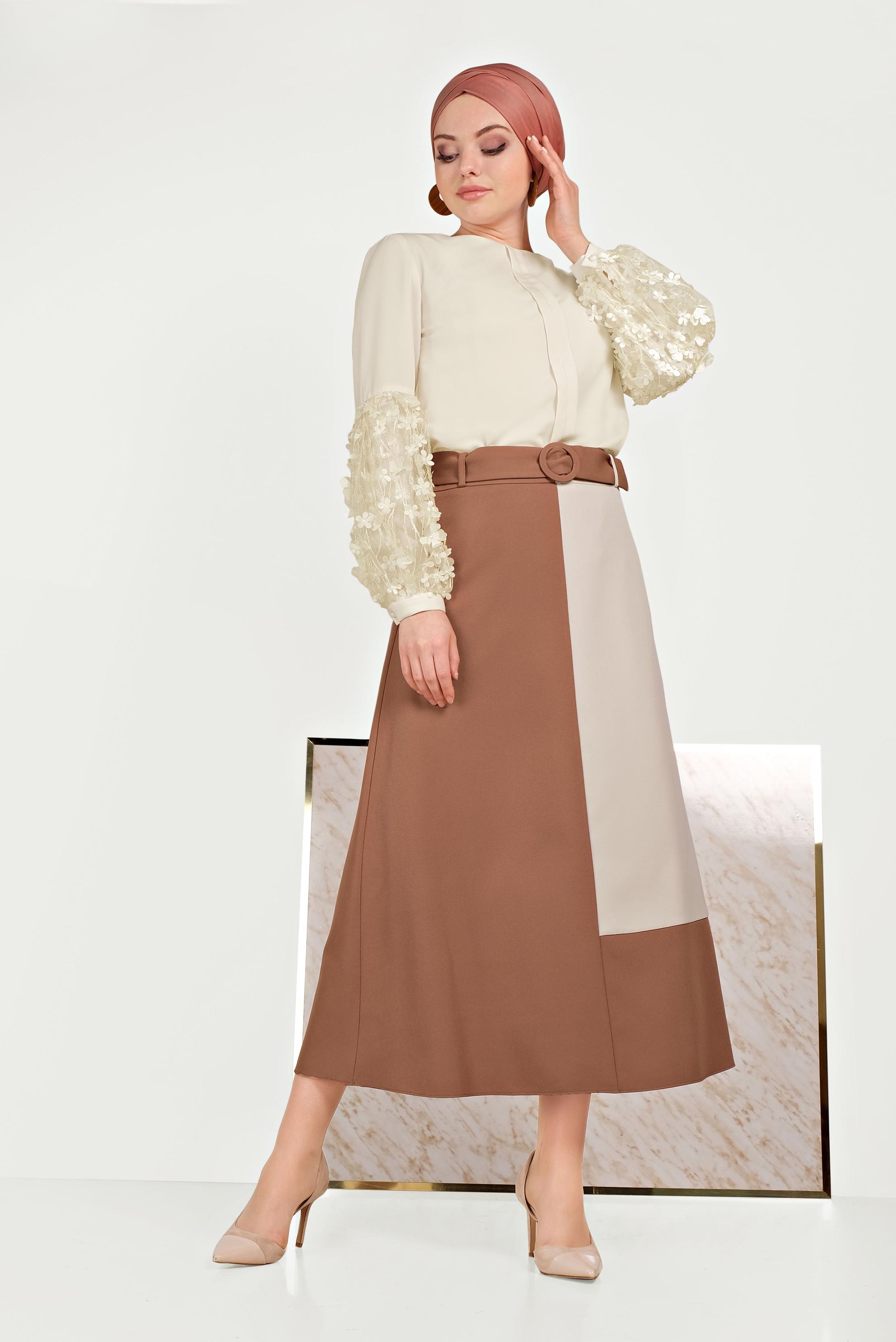 Tesettür giyim TABA İKİ RENKLİ ETEK 60072