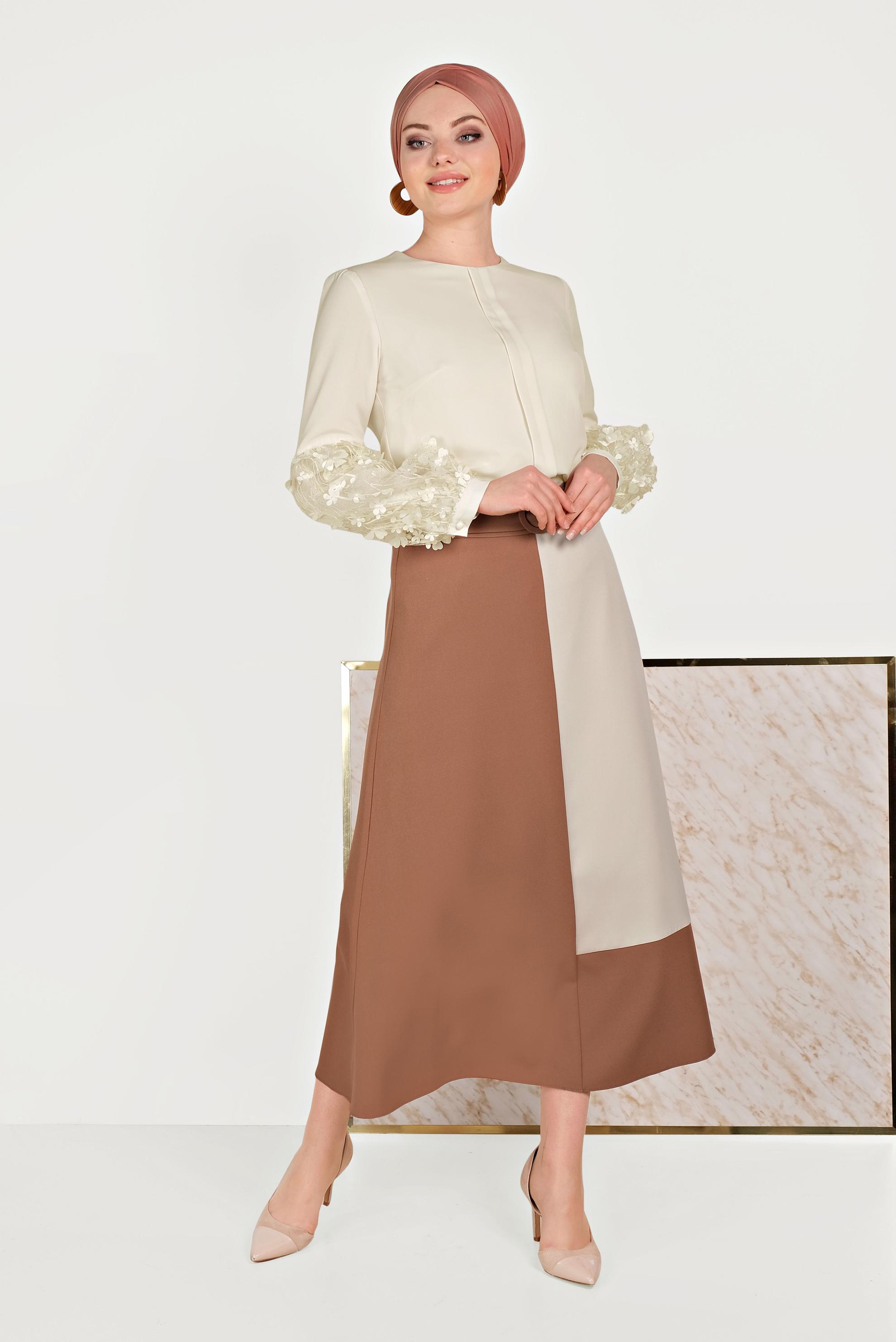 Tesettür giyim TABA İKİ RENKLİ ETEK 60072
