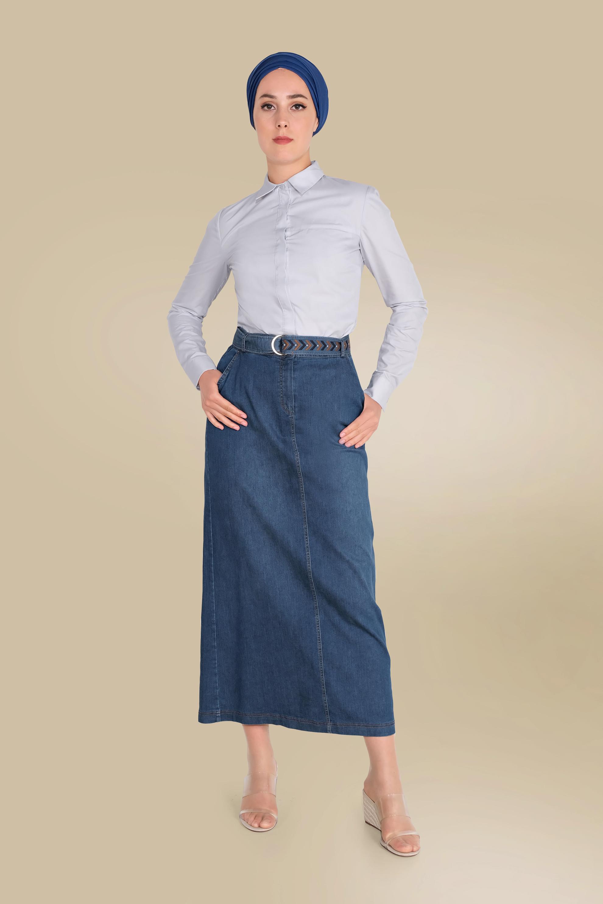 Tesettür giyim LACİVERT YÜKSEK BEL DENİM ETEK 60073