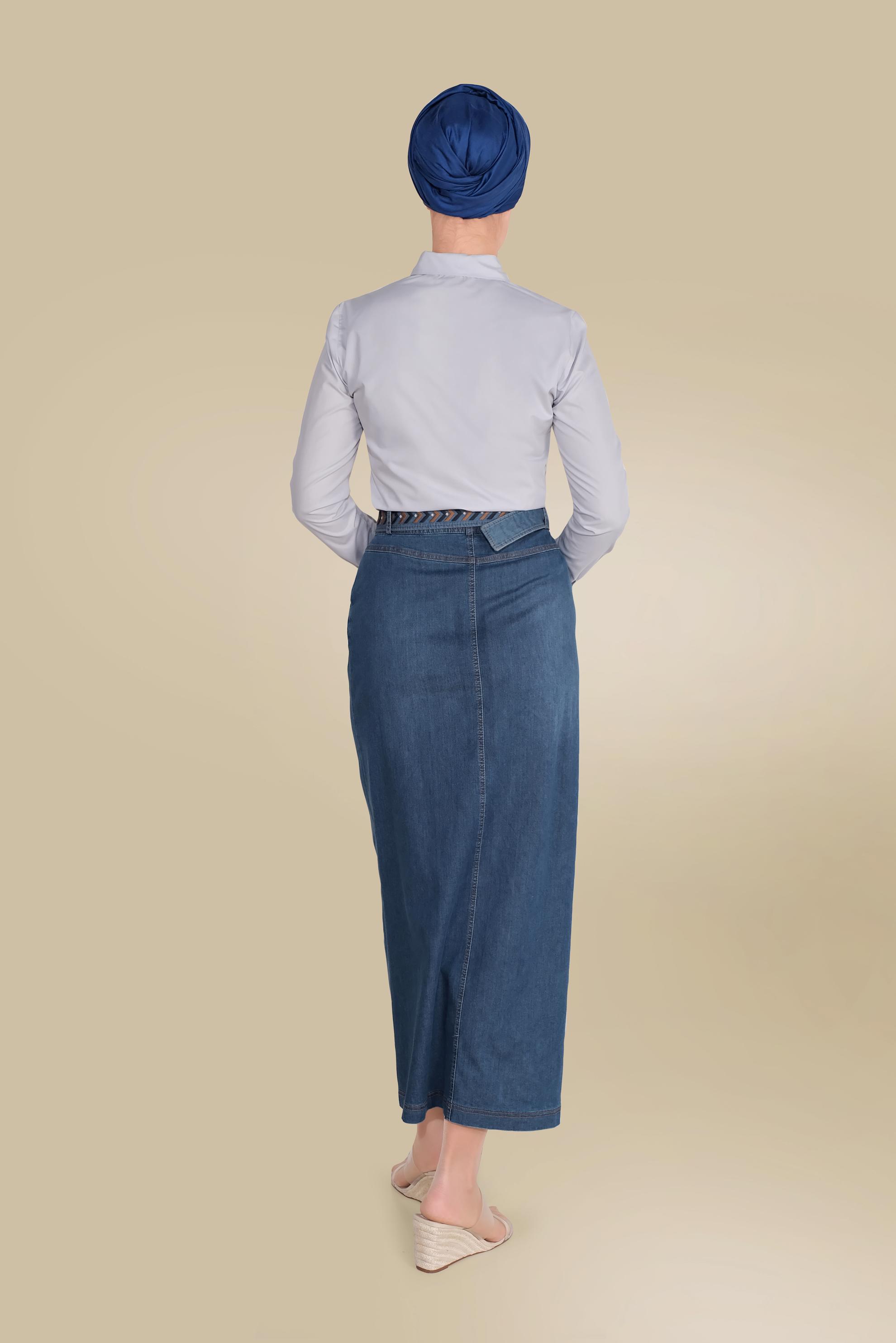 Tesettür giyim LACİVERT YÜKSEK BEL DENİM ETEK 60073