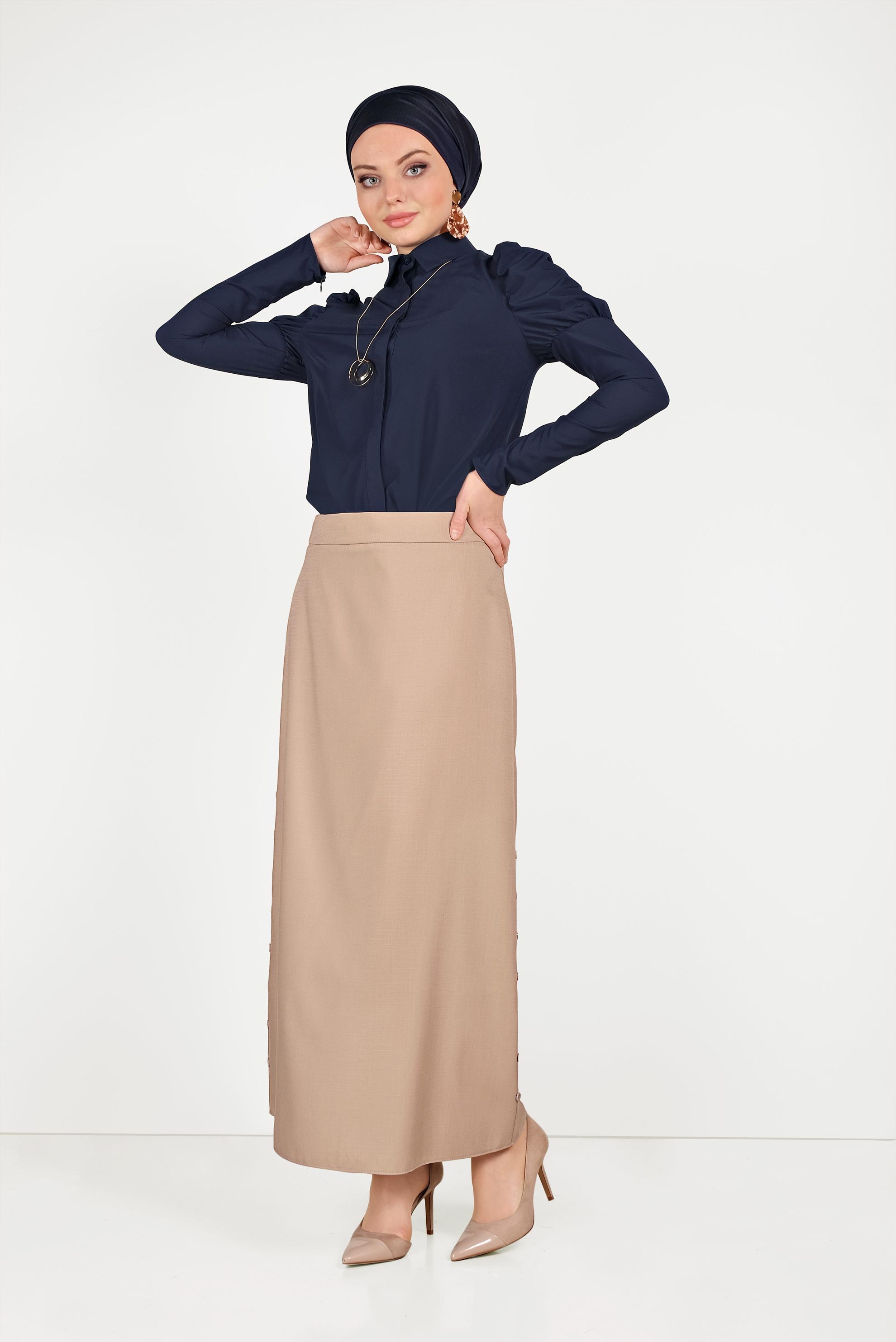 Hijab clothing BEIGE BUTTON DETAIL SKIRT 60074 