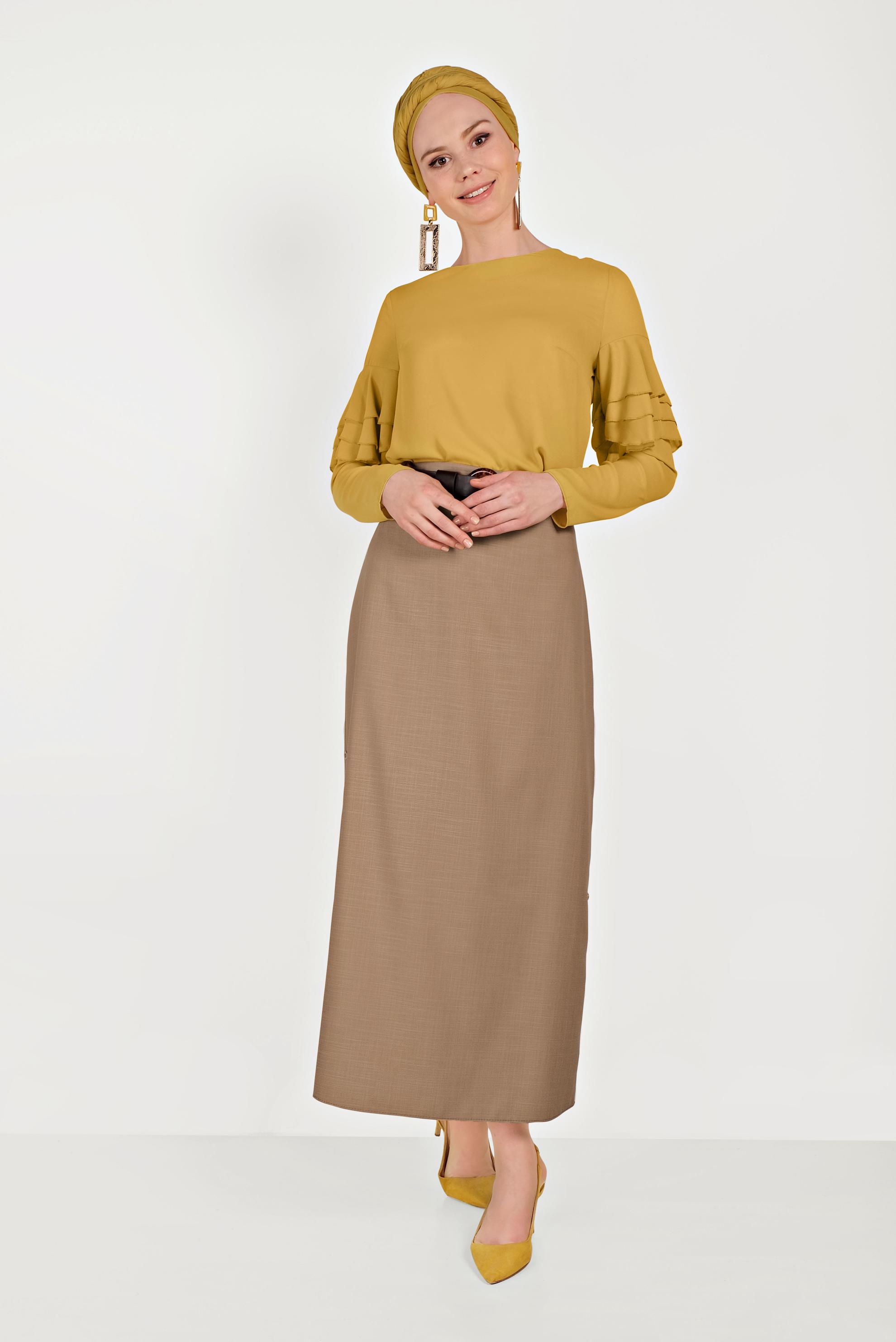 Tesettür giyim KAHVE YANLARI DÜĞME DETAYLI ETEK 60074
