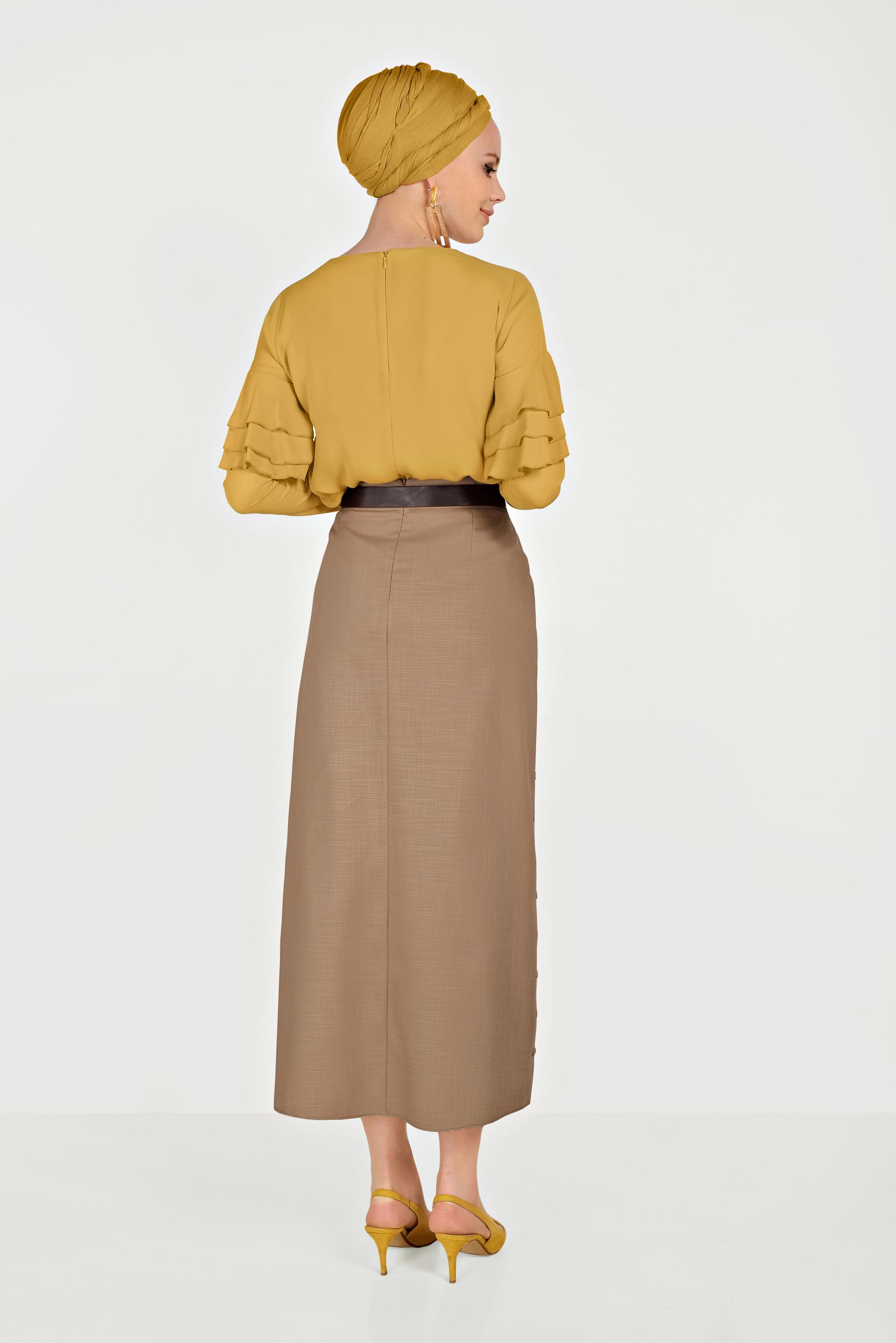 Tesettür giyim KAHVE YANLARI DÜĞME DETAYLI ETEK 60074