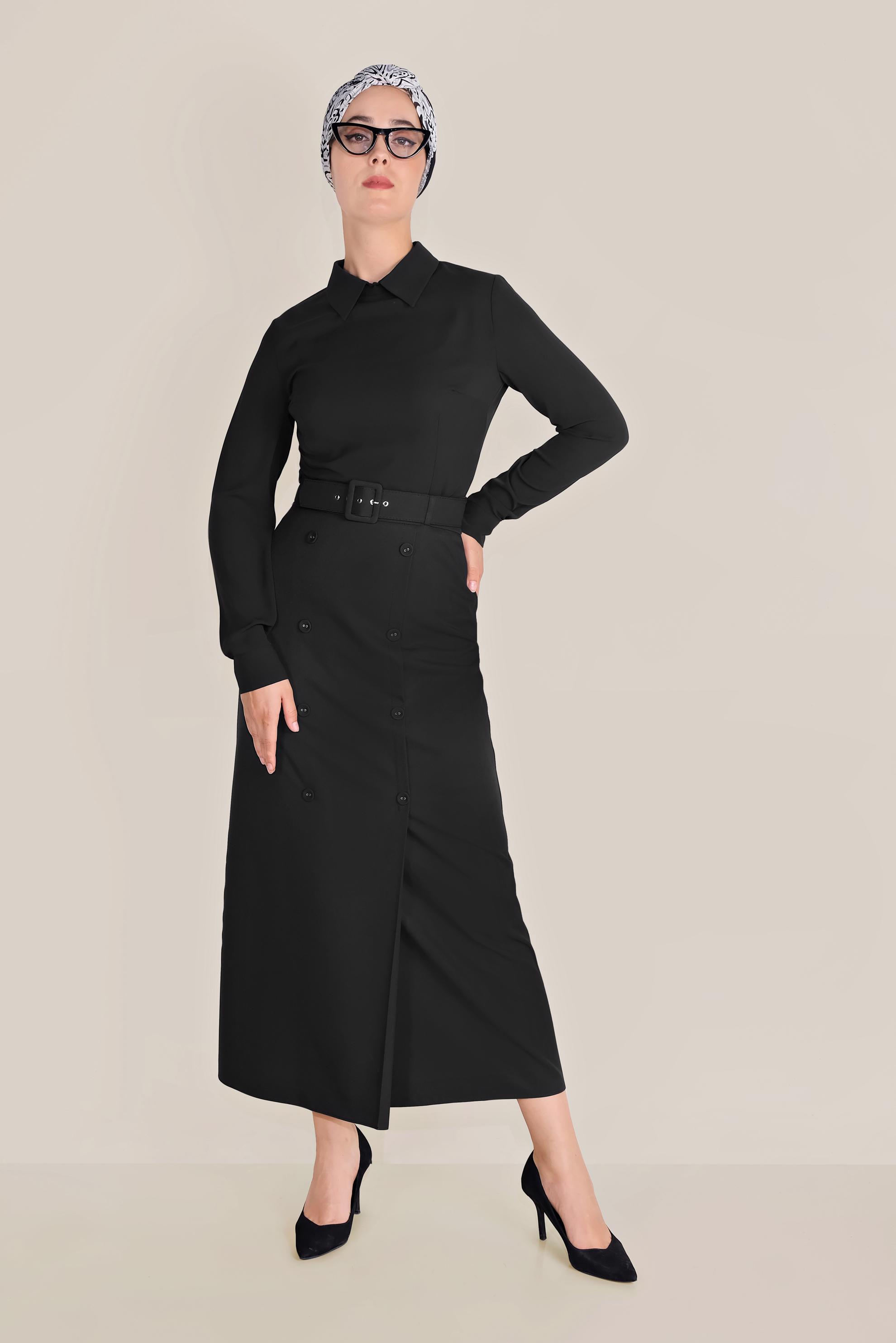 Tesettür giyim SİYAH DÜĞMELİ KALEM ETEK 60075 