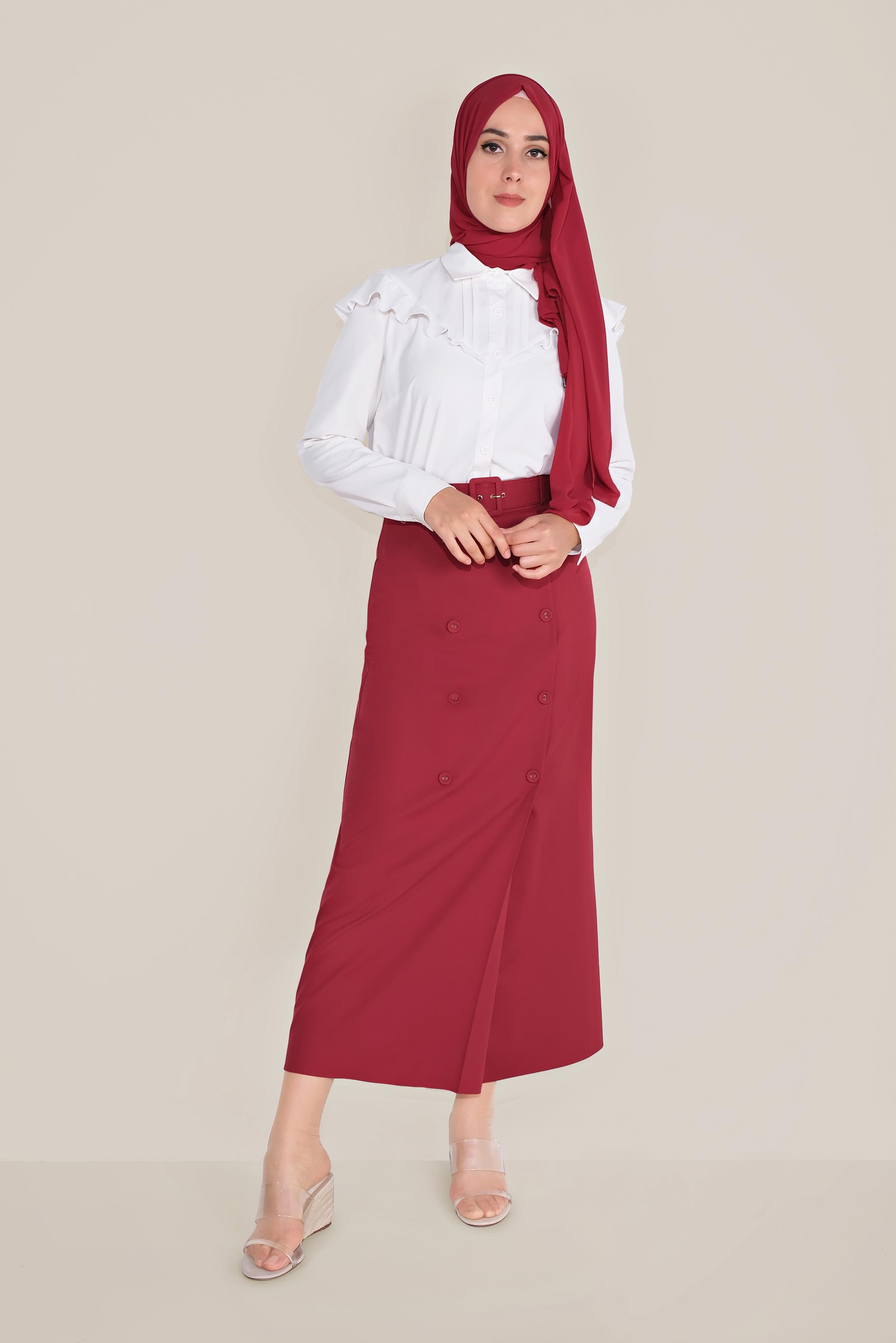 Tesettür giyim BORDO DÜĞMELİ KALEM ETEK 60075 