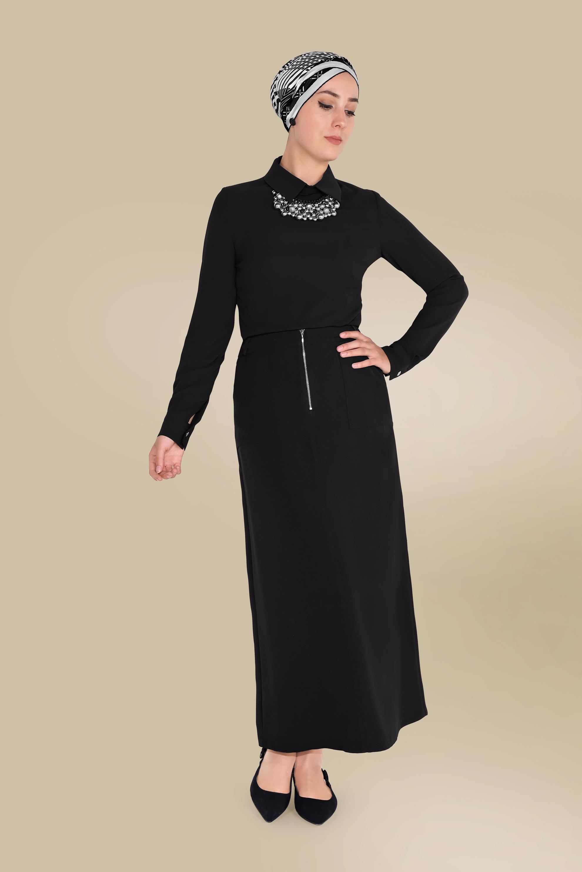 Tesettür giyim SİYAH ÖNDEN FERMUARLI CEPLİ ETEK 60082 