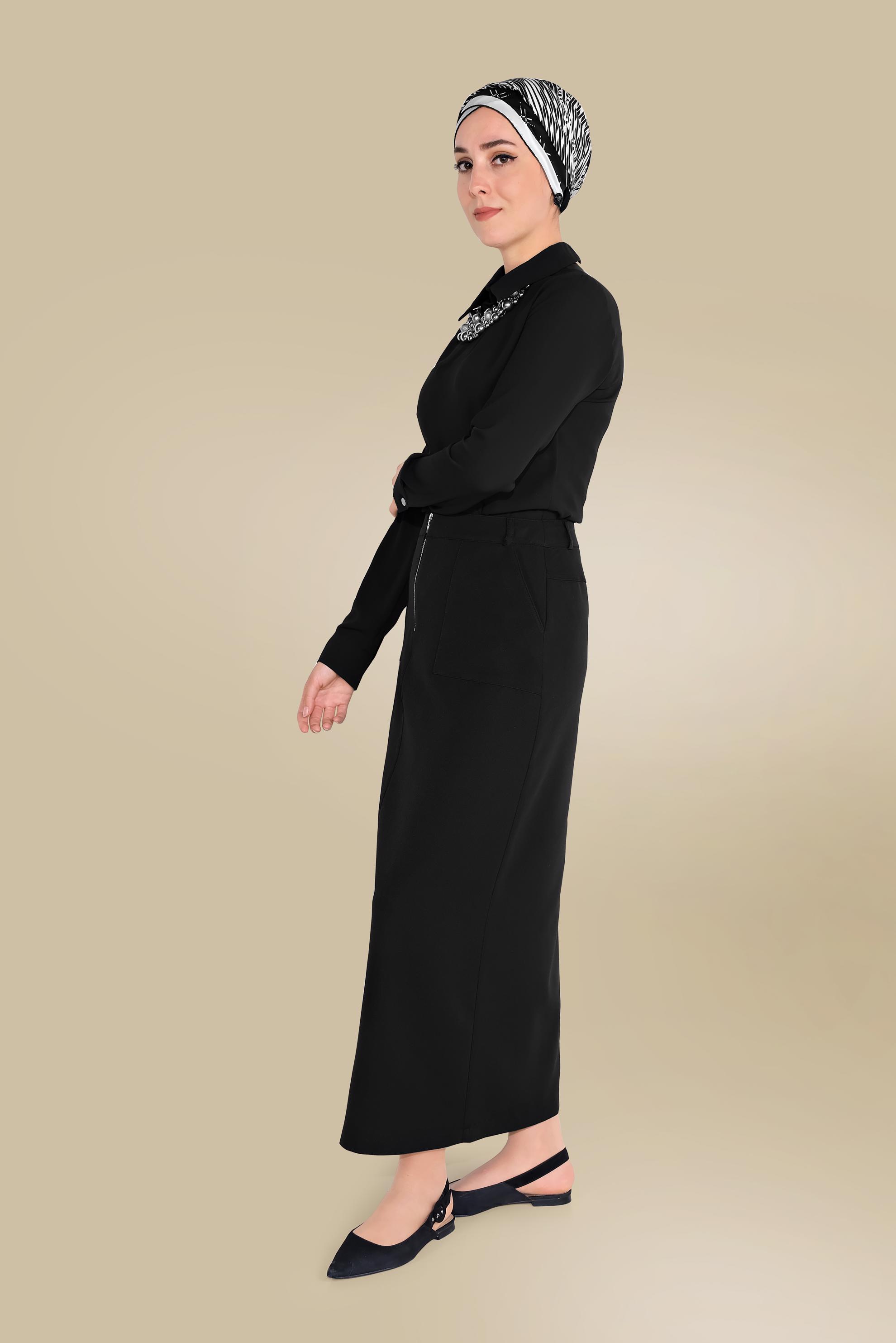 Tesettür giyim SİYAH ÖNDEN FERMUARLI CEPLİ ETEK 60082 