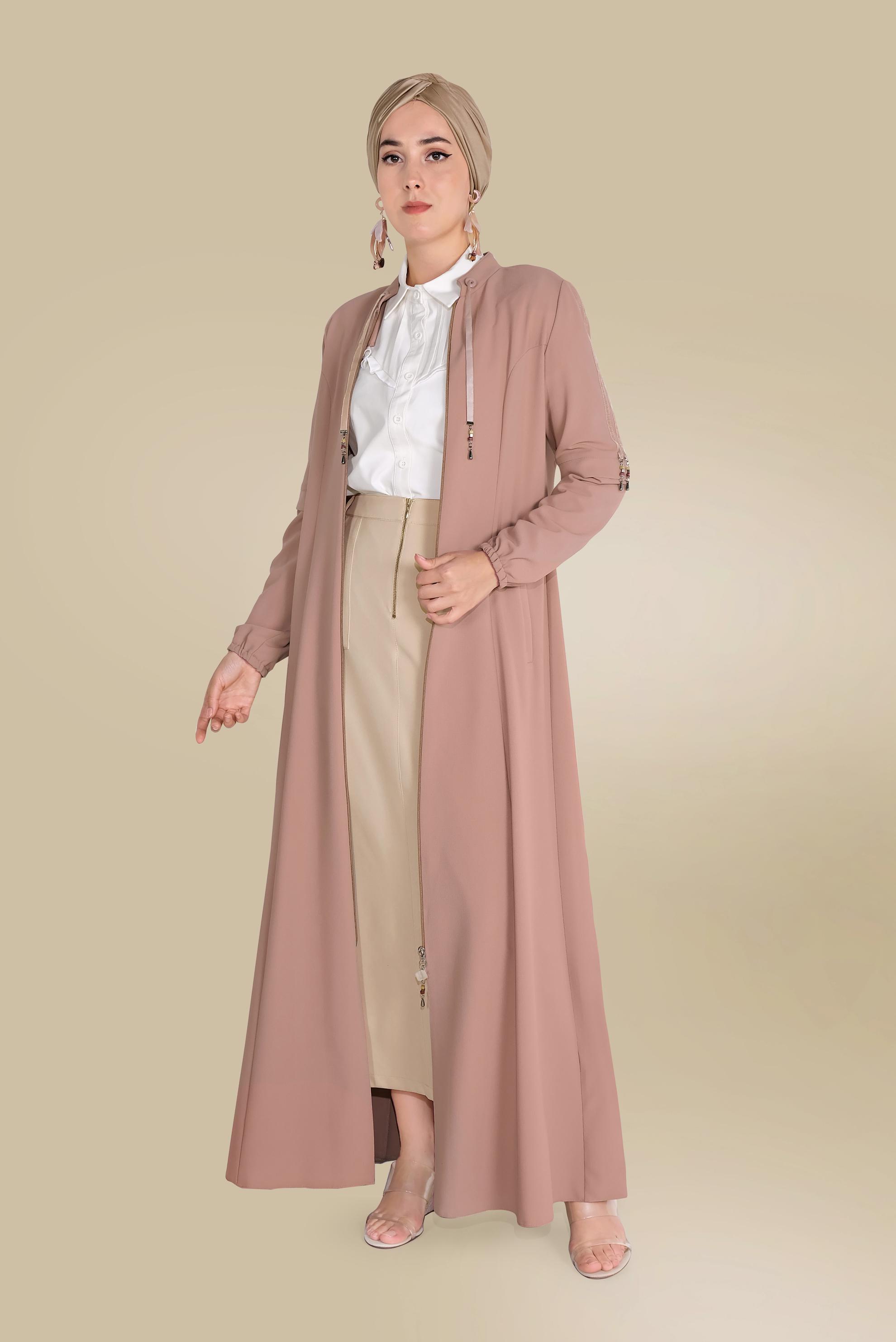 Tesettür giyim BEJ ÖNDEN FERMUARLI CEPLİ ETEK 60082 