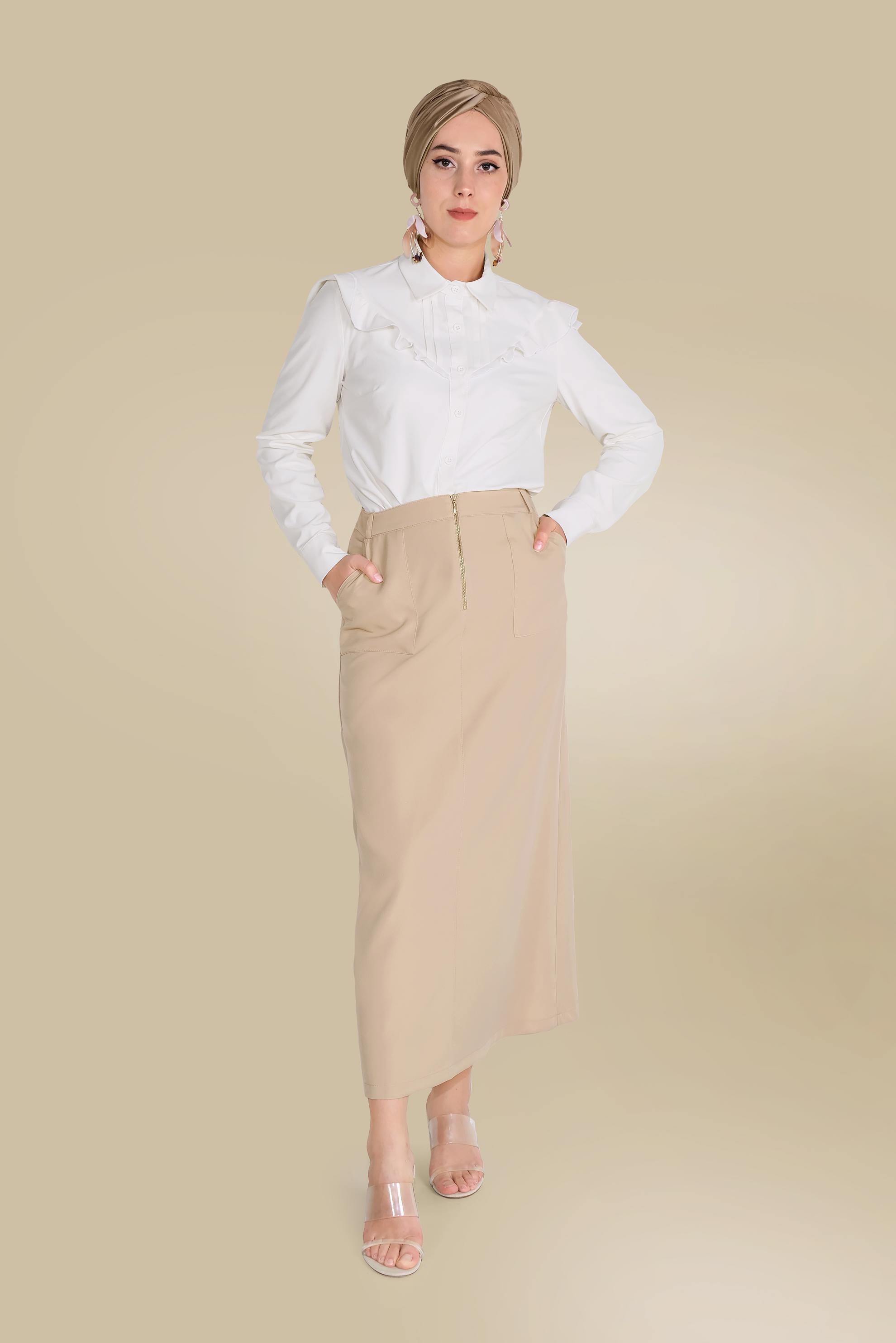 Tesettür giyim BEJ ÖNDEN FERMUARLI CEPLİ ETEK 60082 