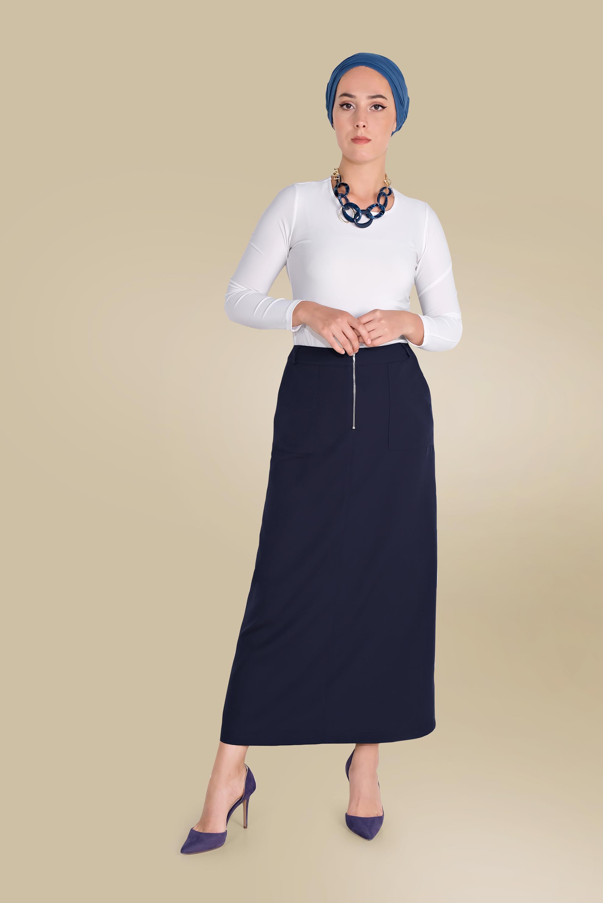 Tesettür giyim LACİVERT ÖNDEN FERMUARLI CEPLİ ETEK 60082 