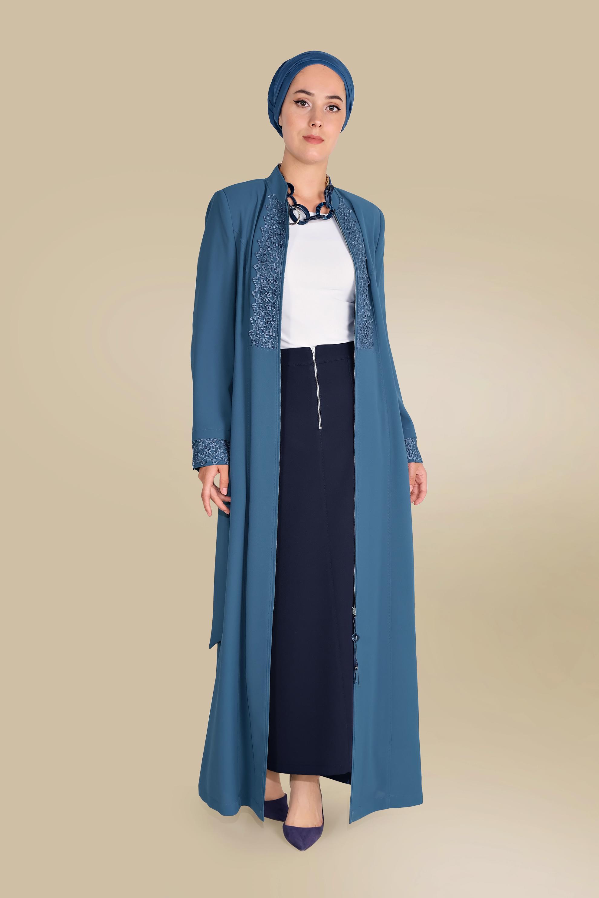 Tesettür giyim LACİVERT ÖNDEN FERMUARLI CEPLİ ETEK 60082 