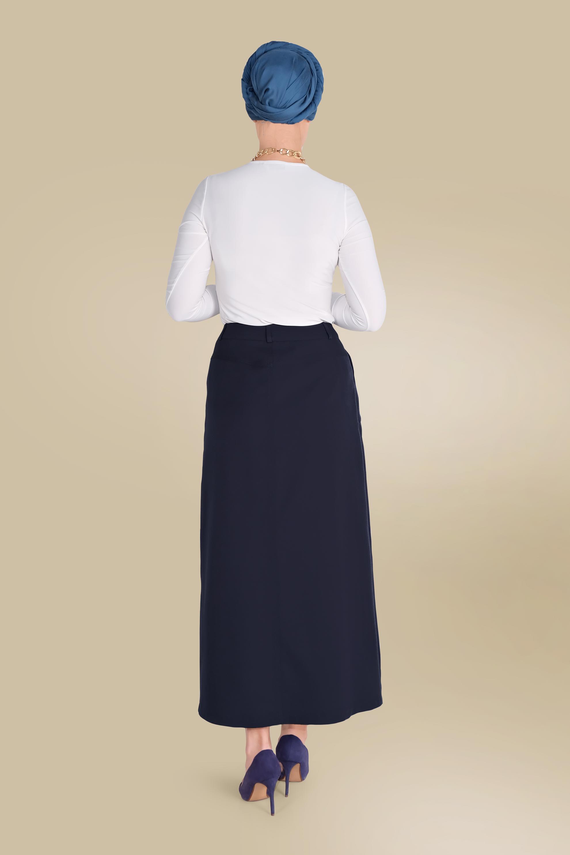 Tesettür giyim LACİVERT ÖNDEN FERMUARLI CEPLİ ETEK 60082 