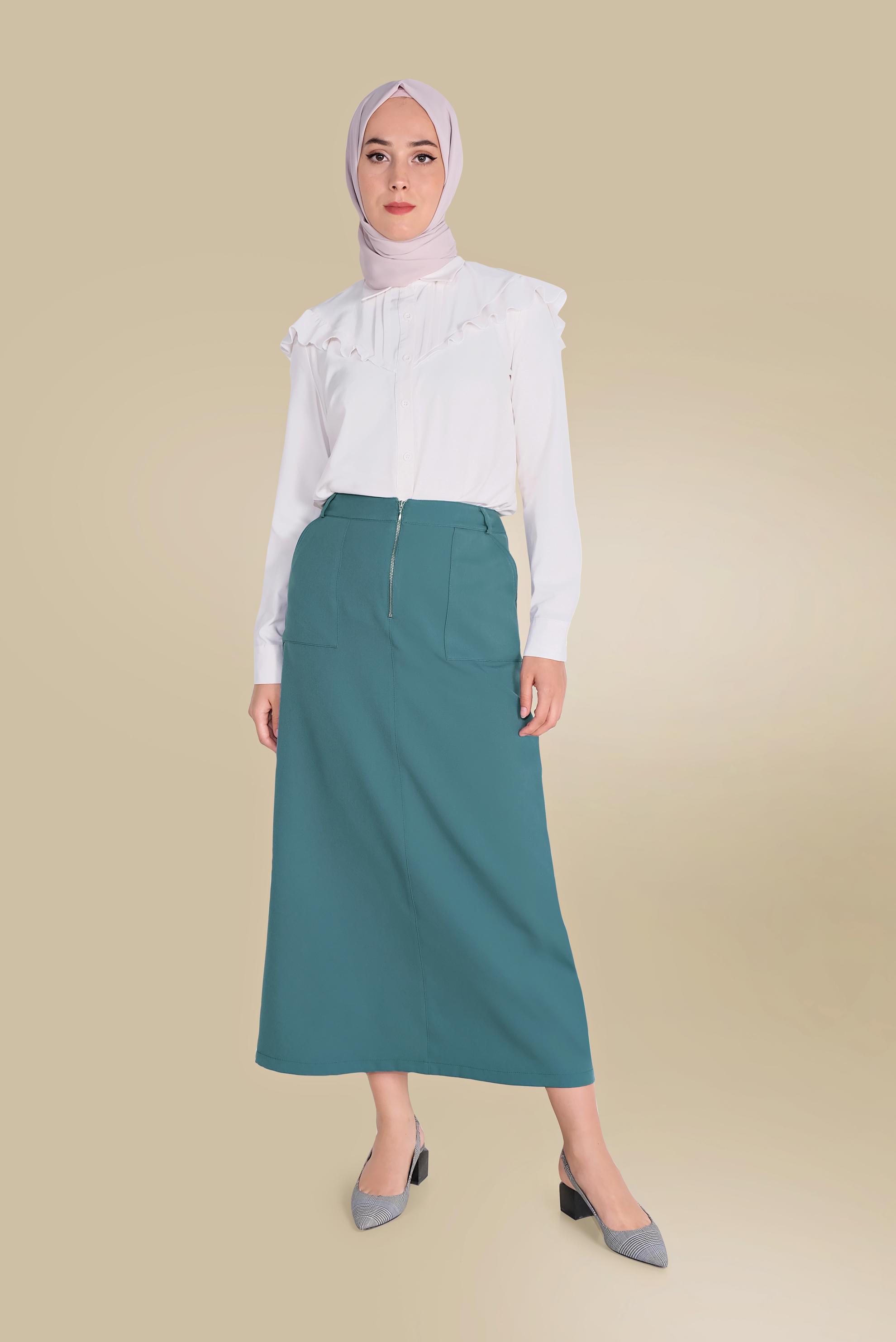 Tesettür giyim MAVİ ÖNDEN FERMUARLI CEPLİ ETEK 60082 