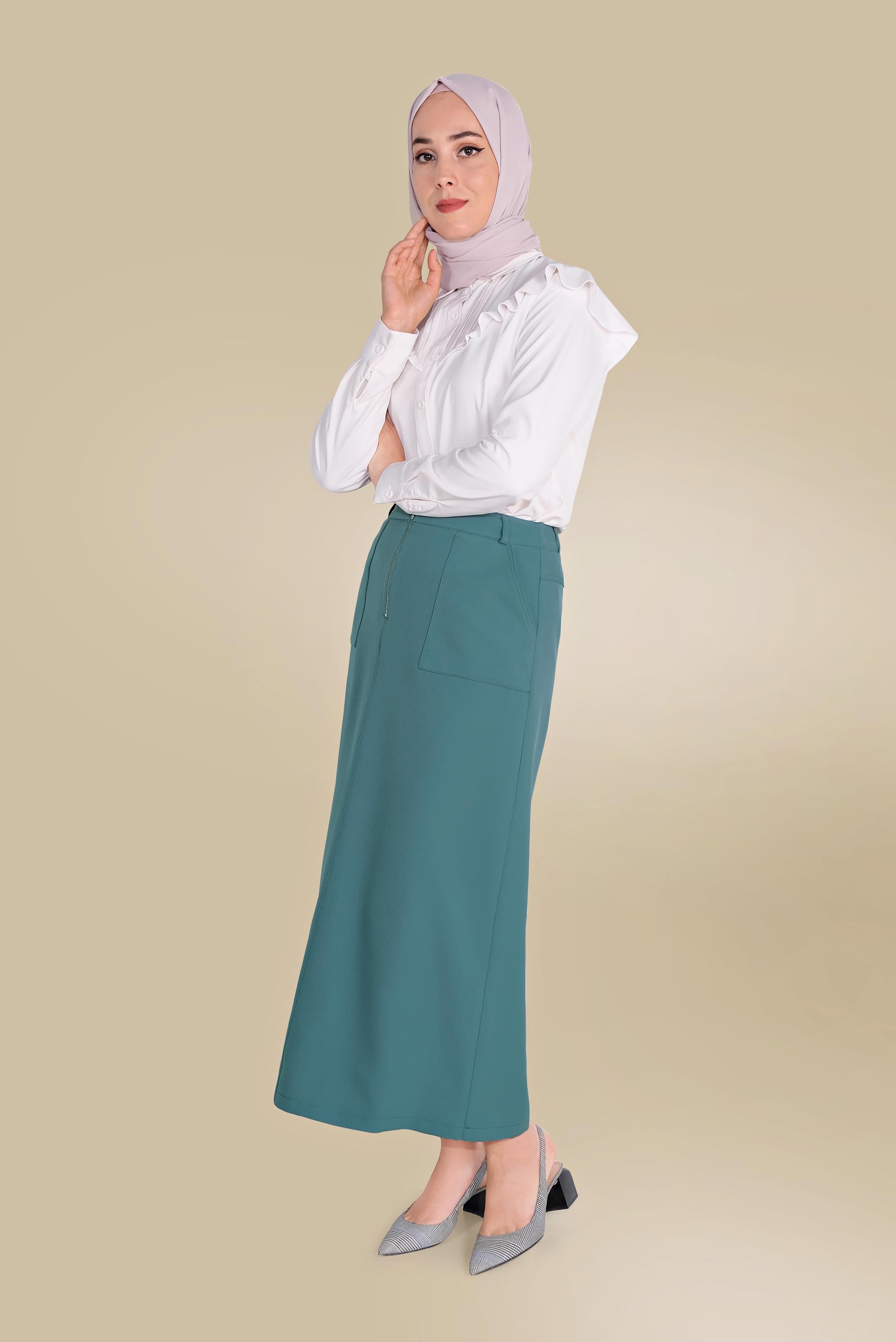 Tesettür giyim MAVİ ÖNDEN FERMUARLI CEPLİ ETEK 60082 