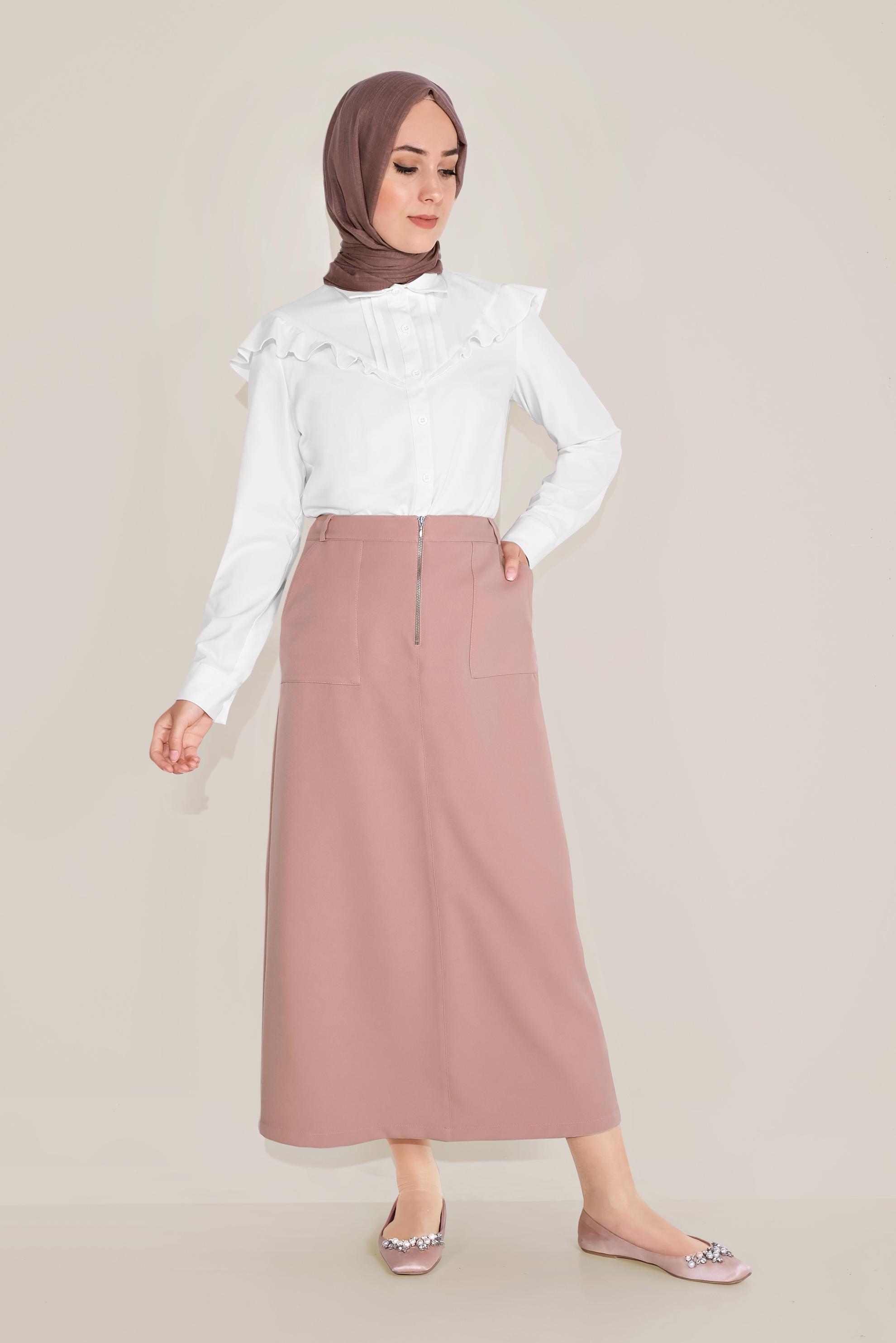 Tesettür giyim PUDRA ÖNDEN FERMUARLI CEPLİ ETEK 60082 