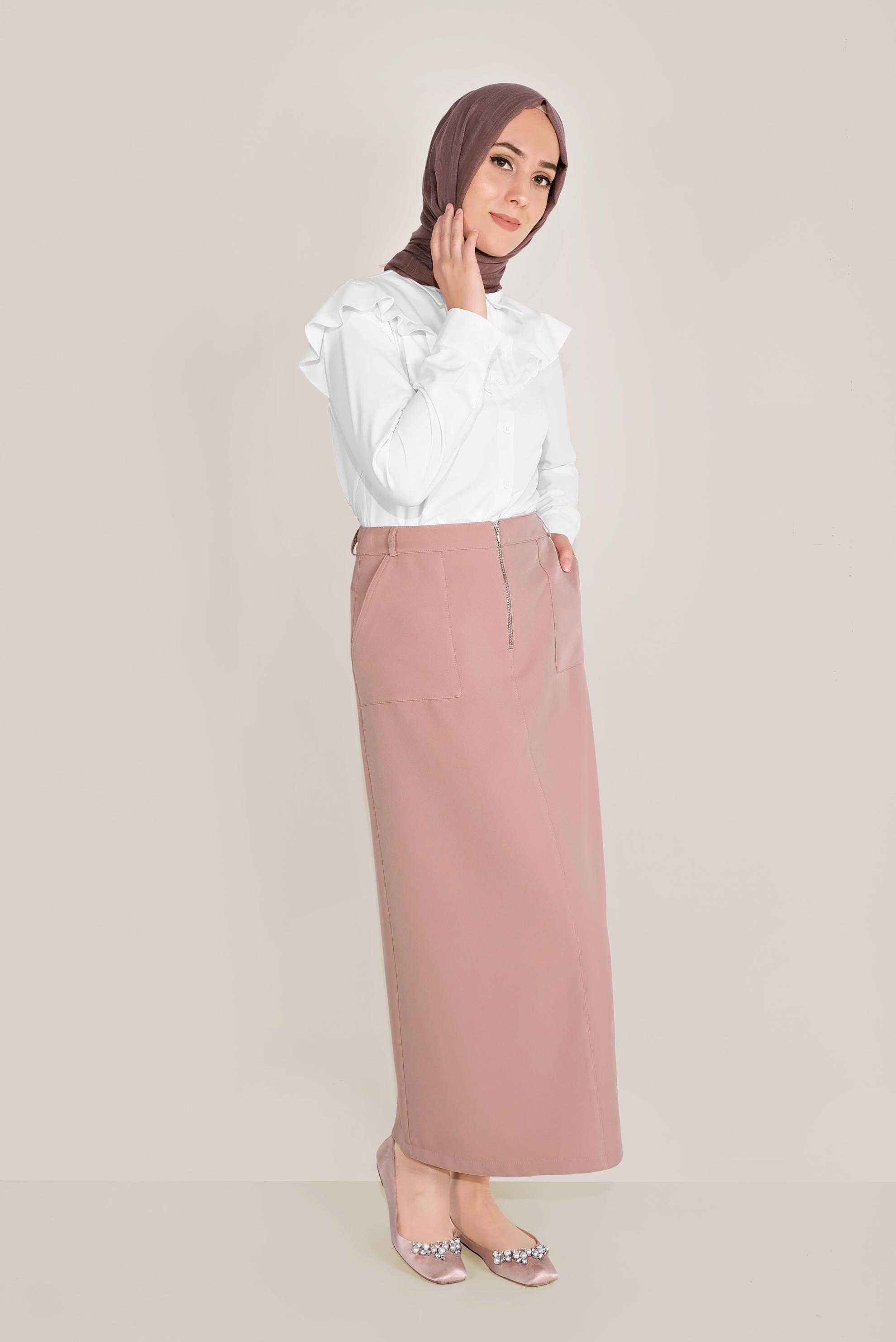 Tesettür giyim PUDRA ÖNDEN FERMUARLI CEPLİ ETEK 60082 