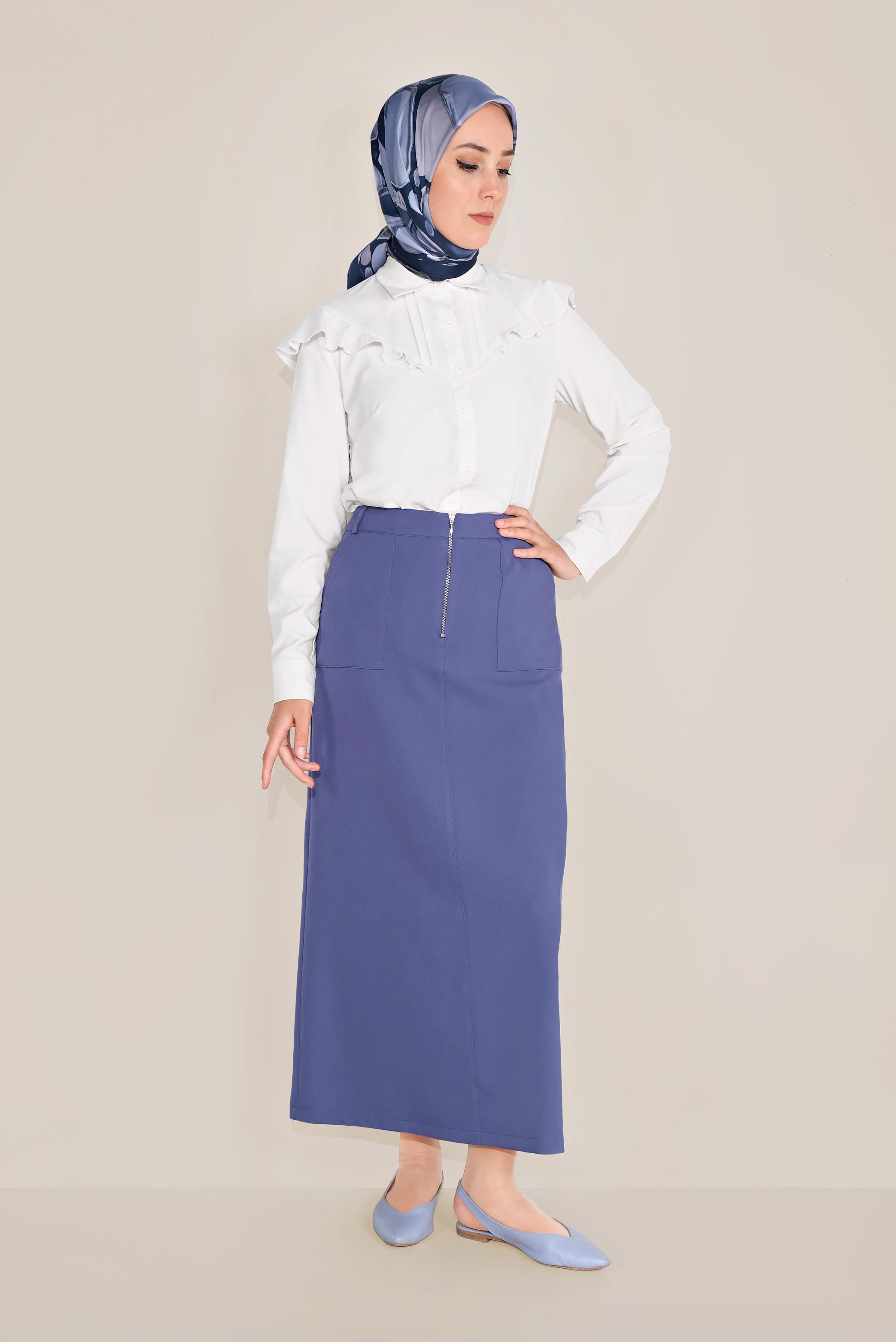 Tesettür giyim LACİVERT ÖNDEN FERMUARLI CEPLİ ETEK 60082 