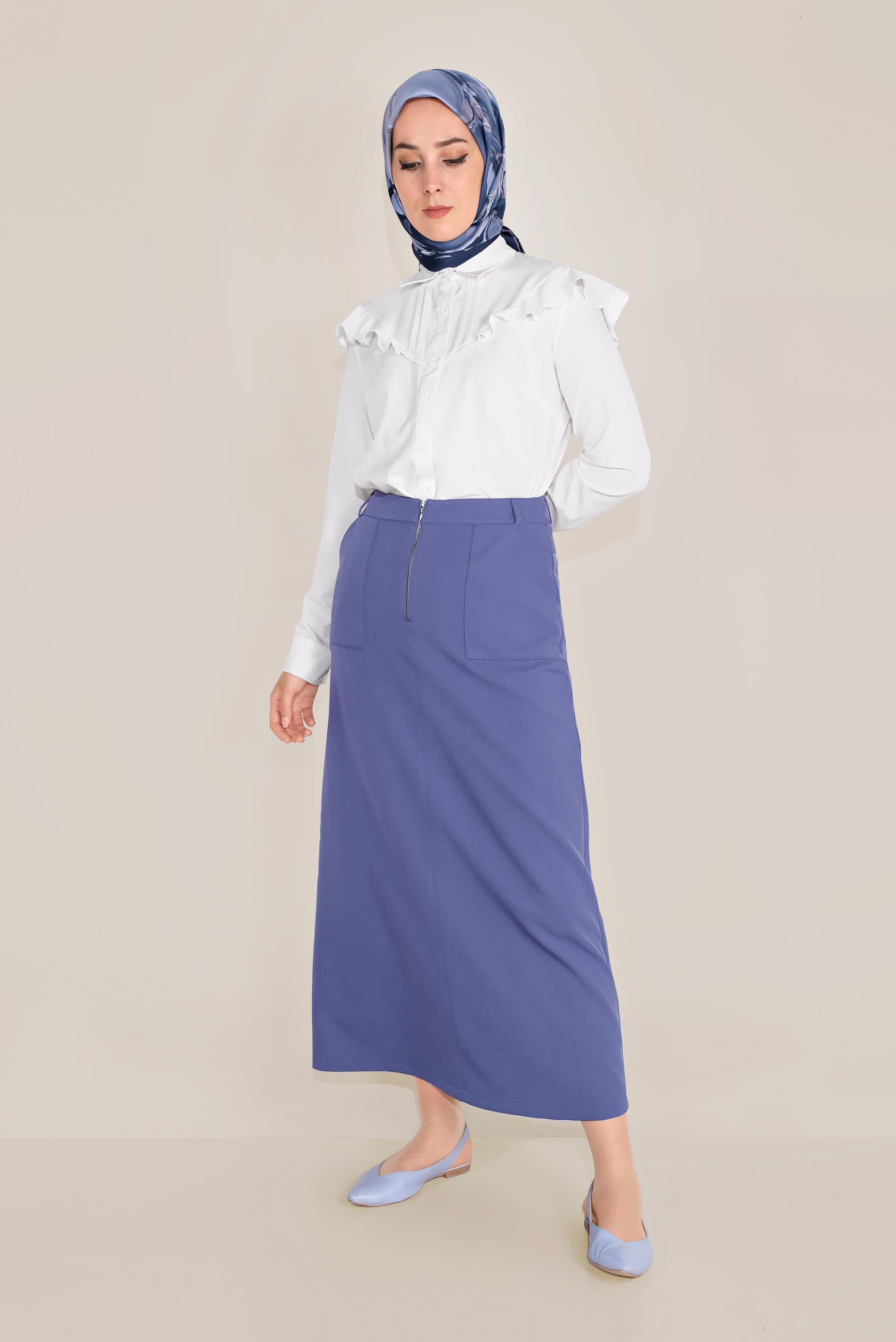 Tesettür giyim LACİVERT ÖNDEN FERMUARLI CEPLİ ETEK 60082 