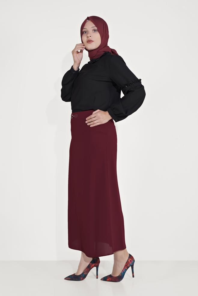 Tesettür giyim BORDO DERİ VE METAL AKSESUARLI ETEK 60084 - ALVİNA