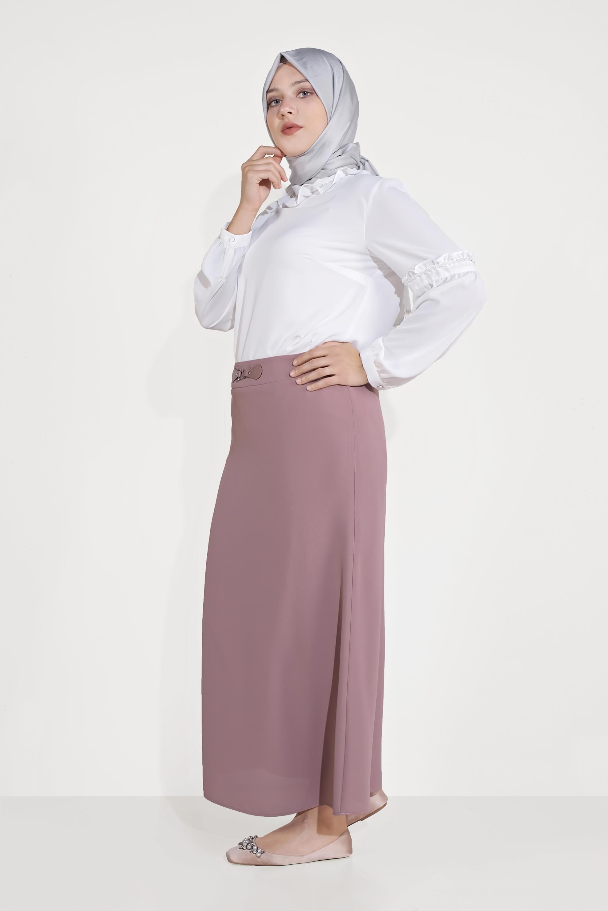 Tesettür giyim PUDRA DERİ VE METAL AKSESUARLI ETEK 60084