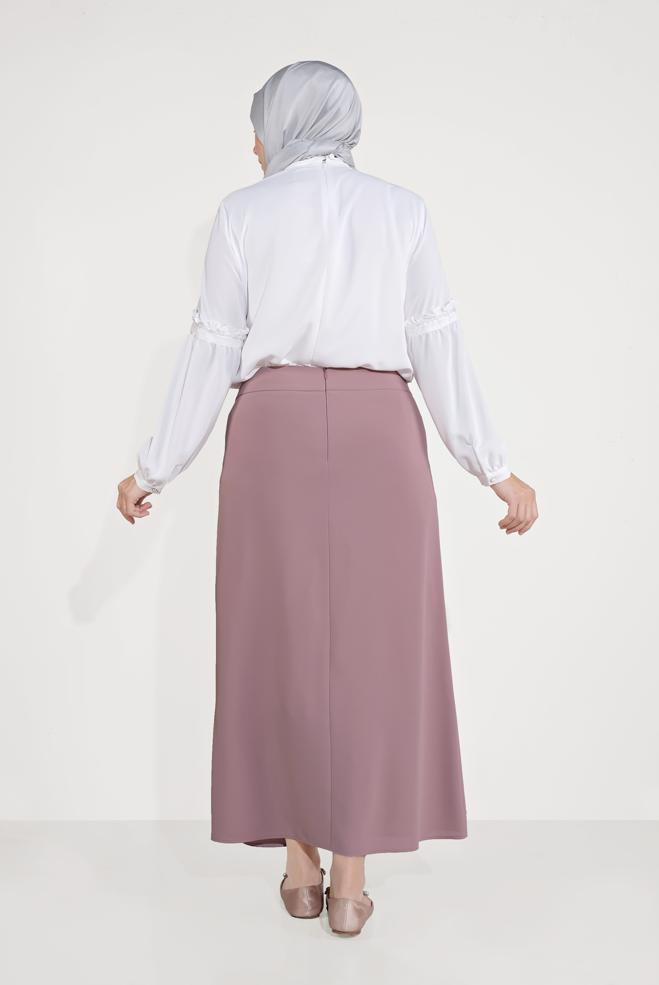Tesettür giyim PUDRA DERİ VE METAL AKSESUARLI ETEK 60084 - ALVİNA