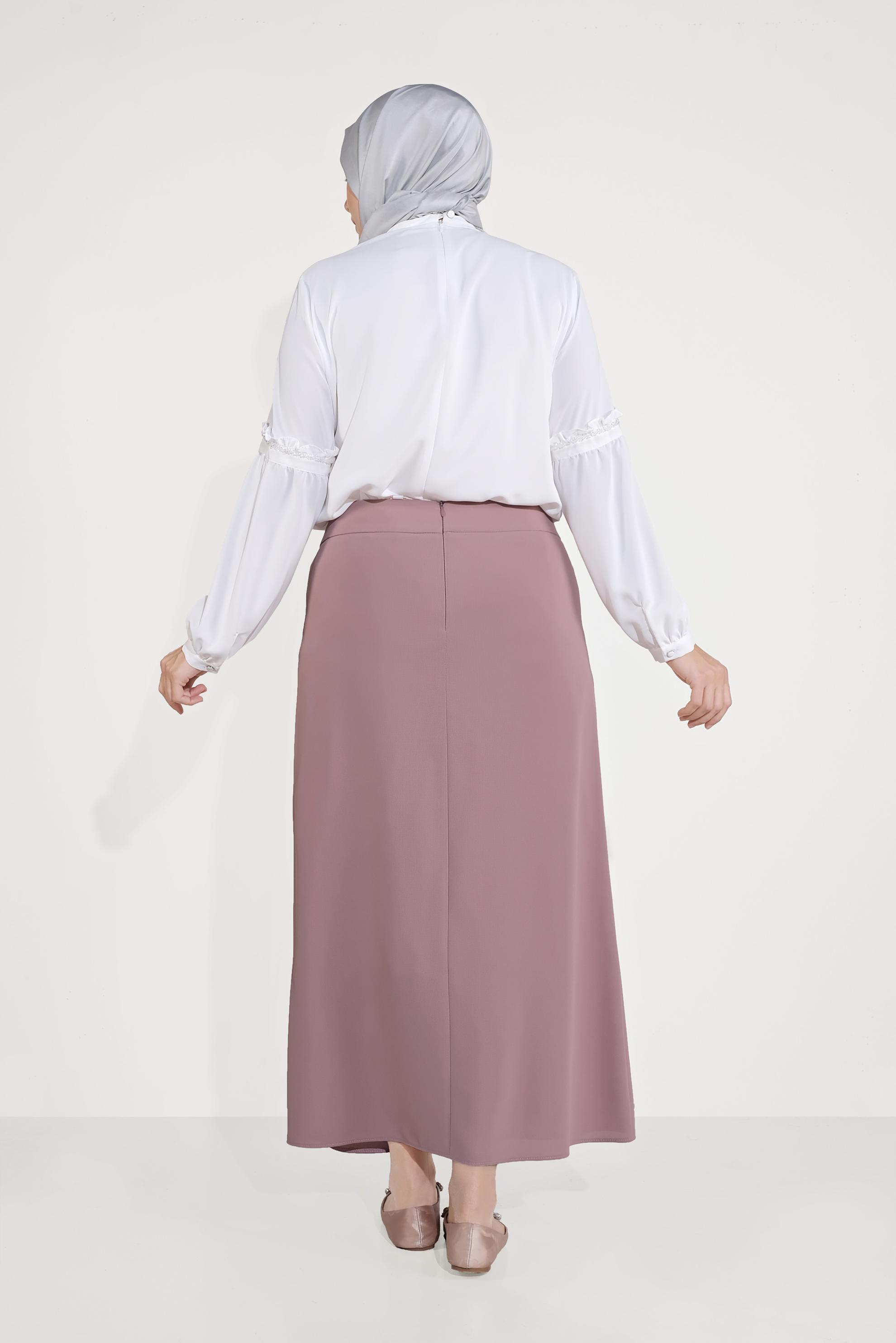 Tesettür giyim PUDRA DERİ VE METAL AKSESUARLI ETEK 60084