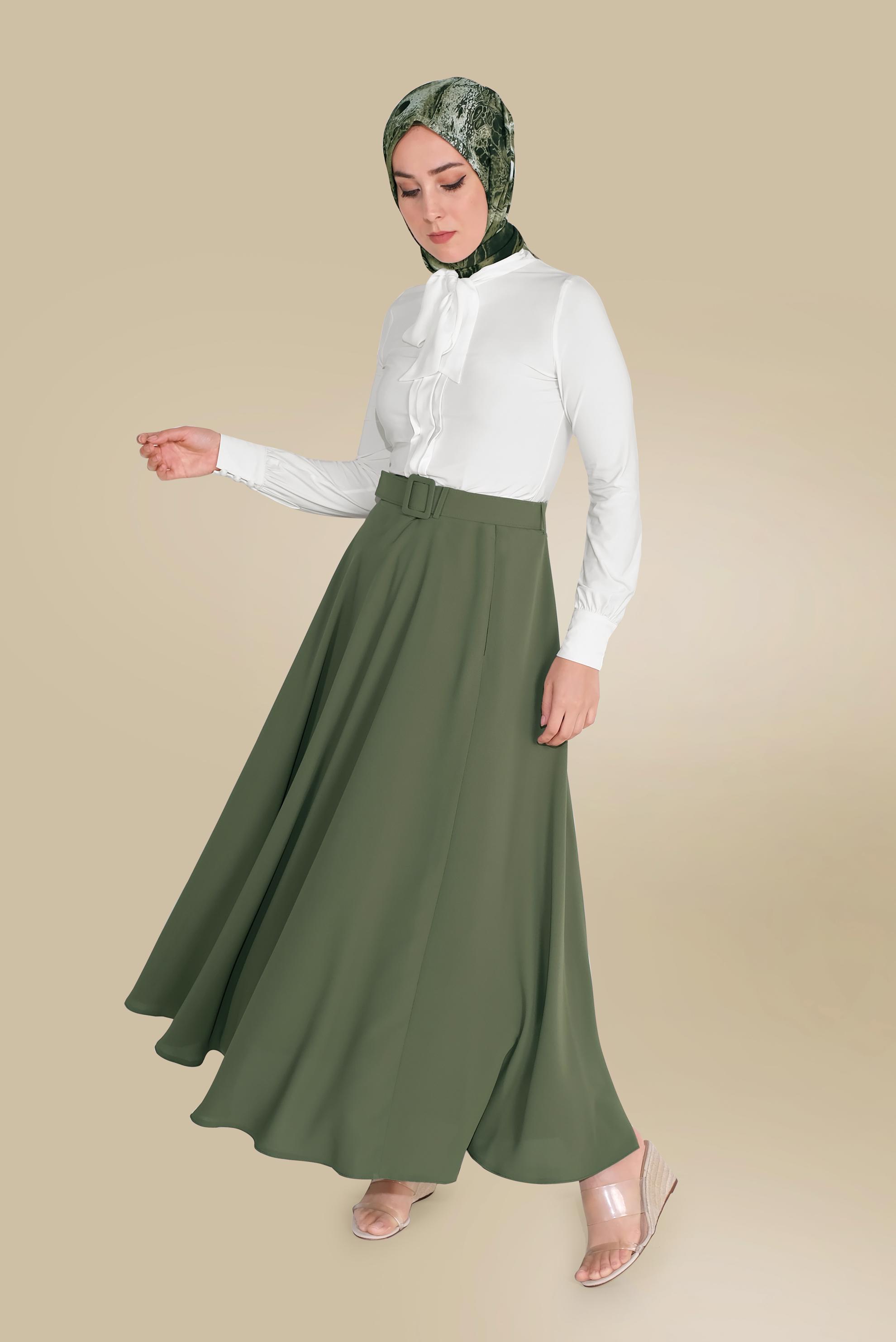 Tesettür giyim HAKİ SALAŞ ÇAN ETEK 60085