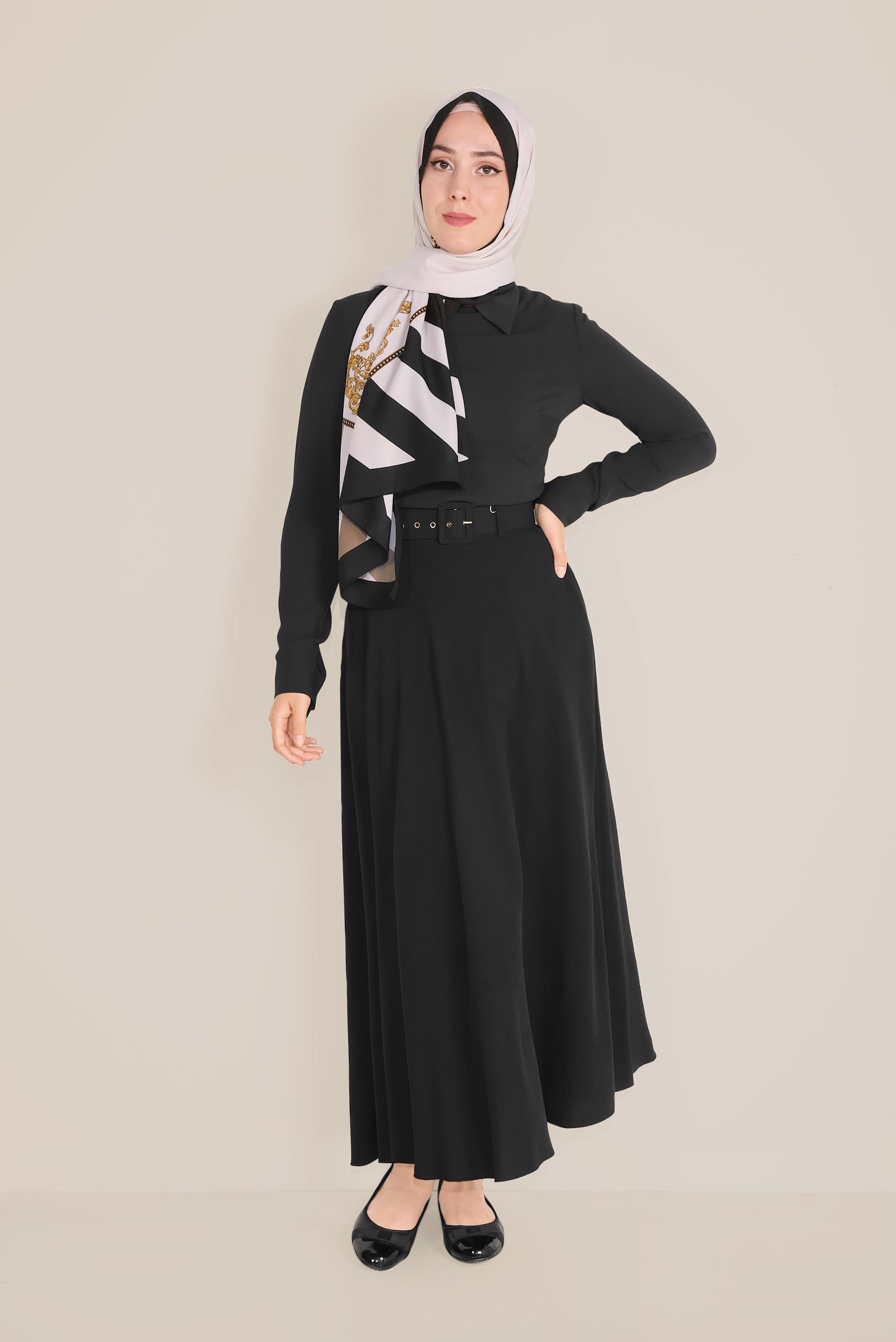 Tesettür giyim SİYAH KEMERLİ KLOŞ ETEK 60087