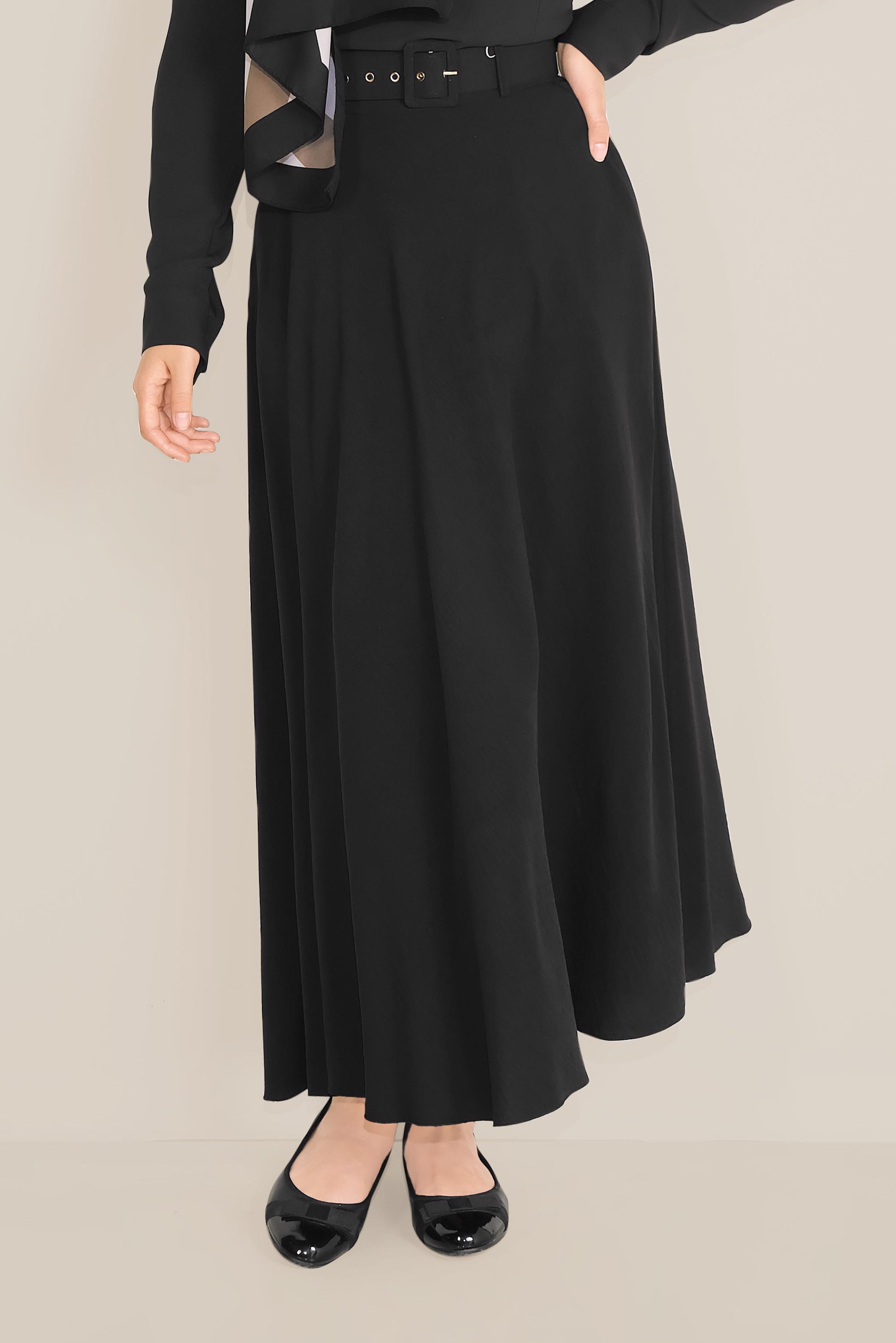 Tesettür giyim SİYAH KEMERLİ KLOŞ ETEK 60087