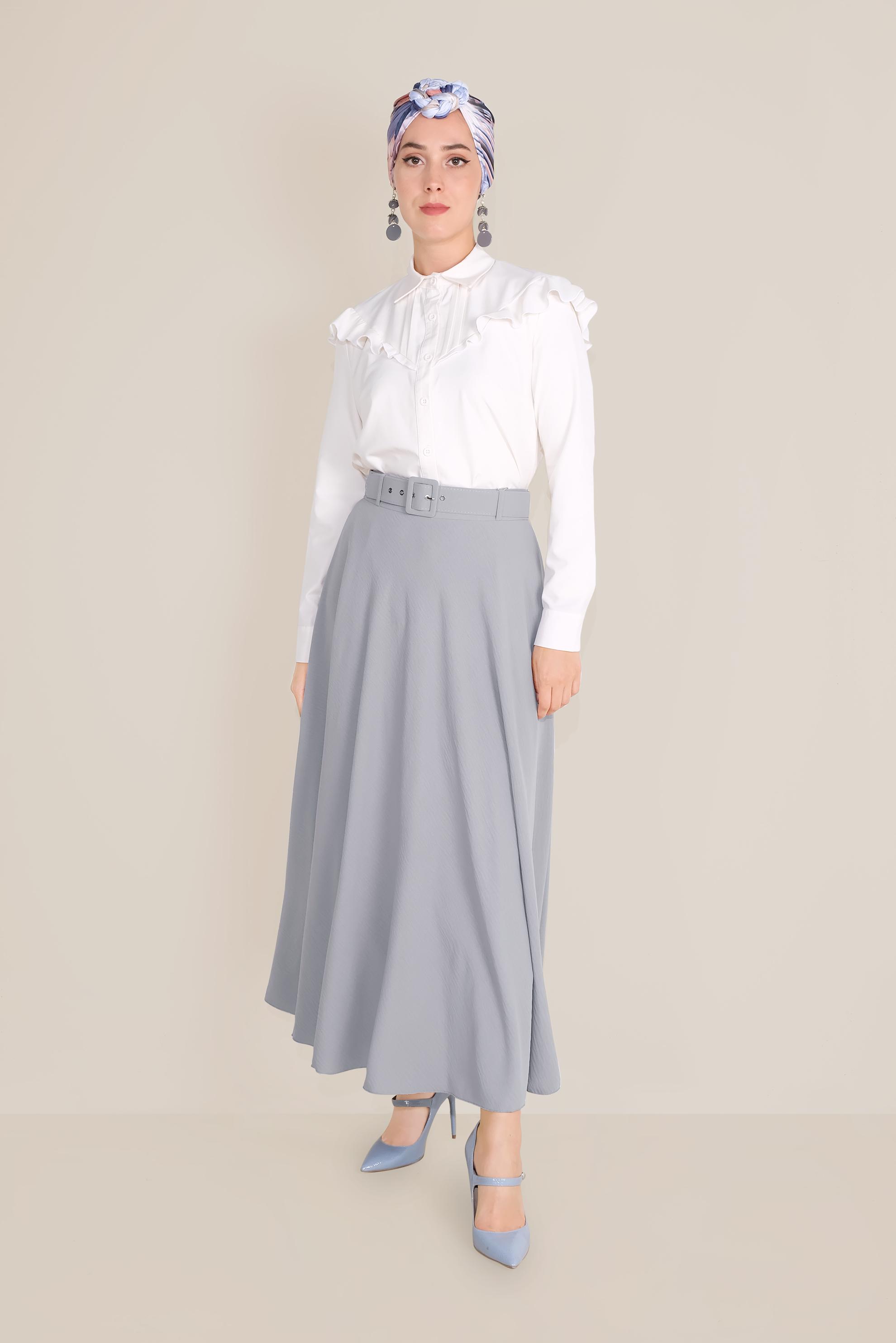 Tesettür giyim GRİ KEMERLİ KLOŞ ETEK 60087