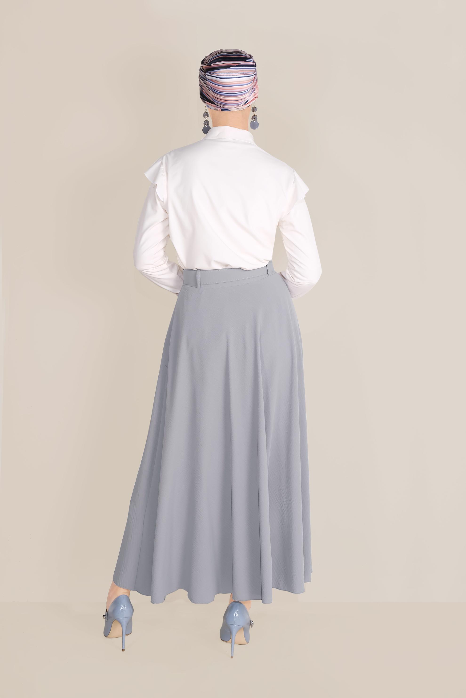 Tesettür giyim GRİ KEMERLİ KLOŞ ETEK 60087