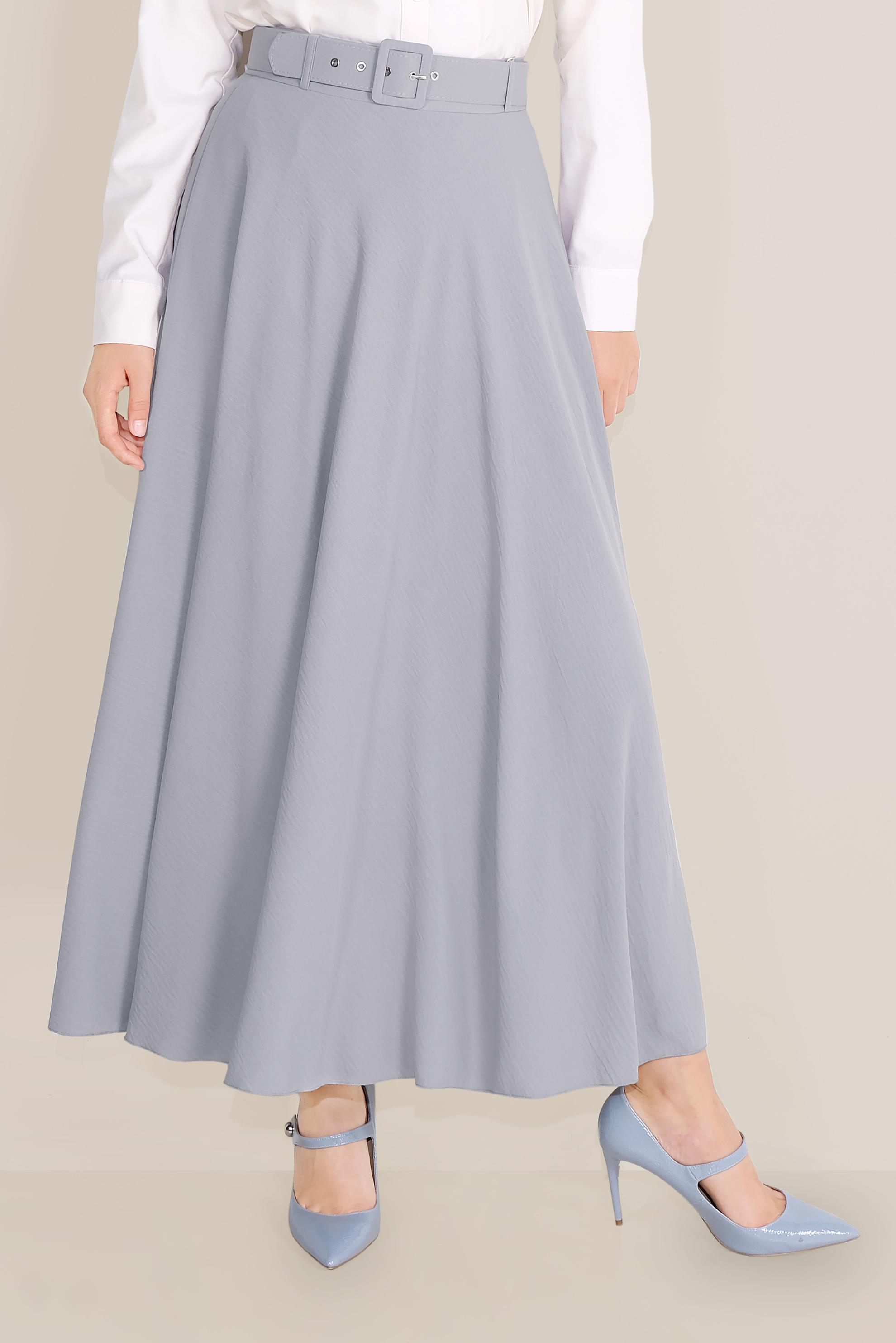 Tesettür giyim GRİ KEMERLİ KLOŞ ETEK 60087