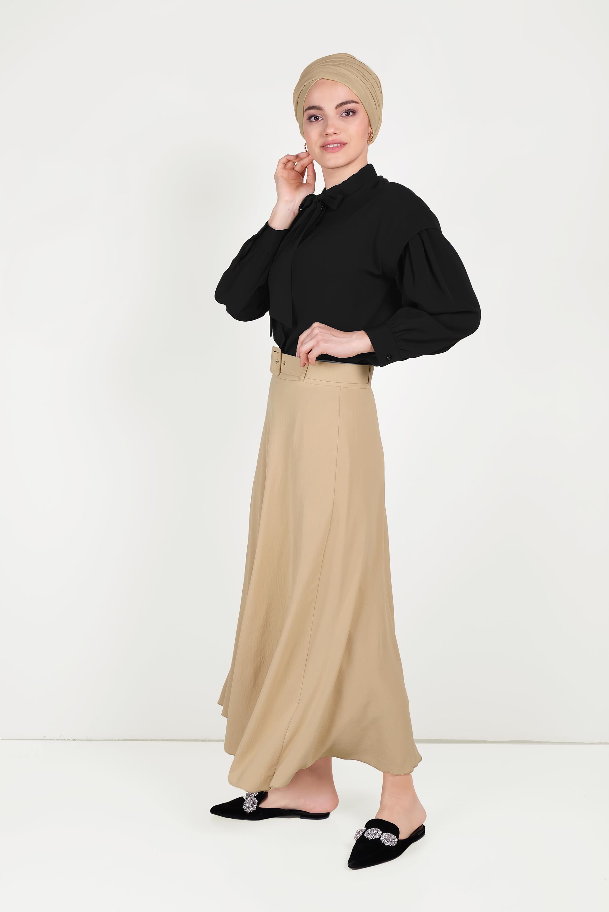 Tesettür giyim KAHVE KEMERLİ KLOŞ ETEK 60087