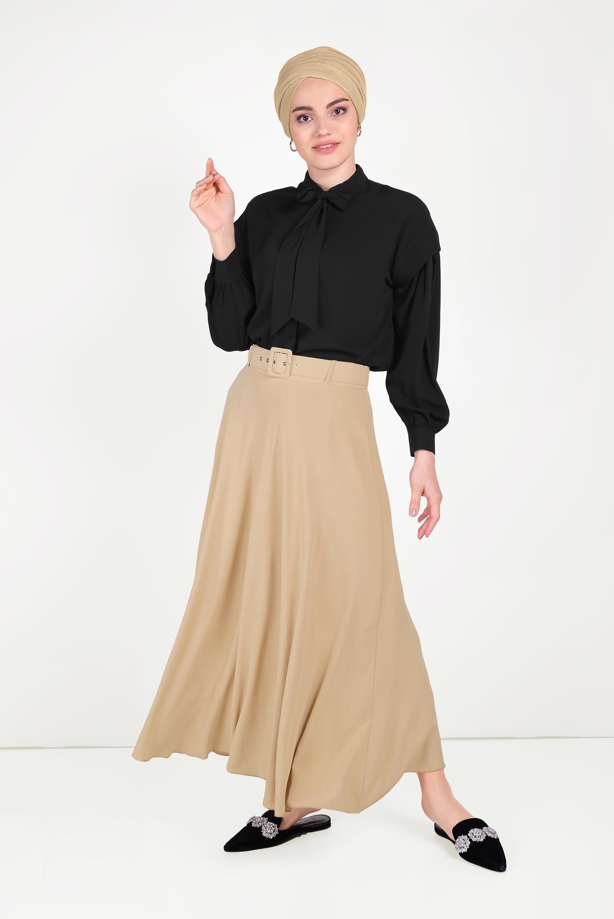 Tesettür giyim KAHVE KEMERLİ KLOŞ ETEK 60087