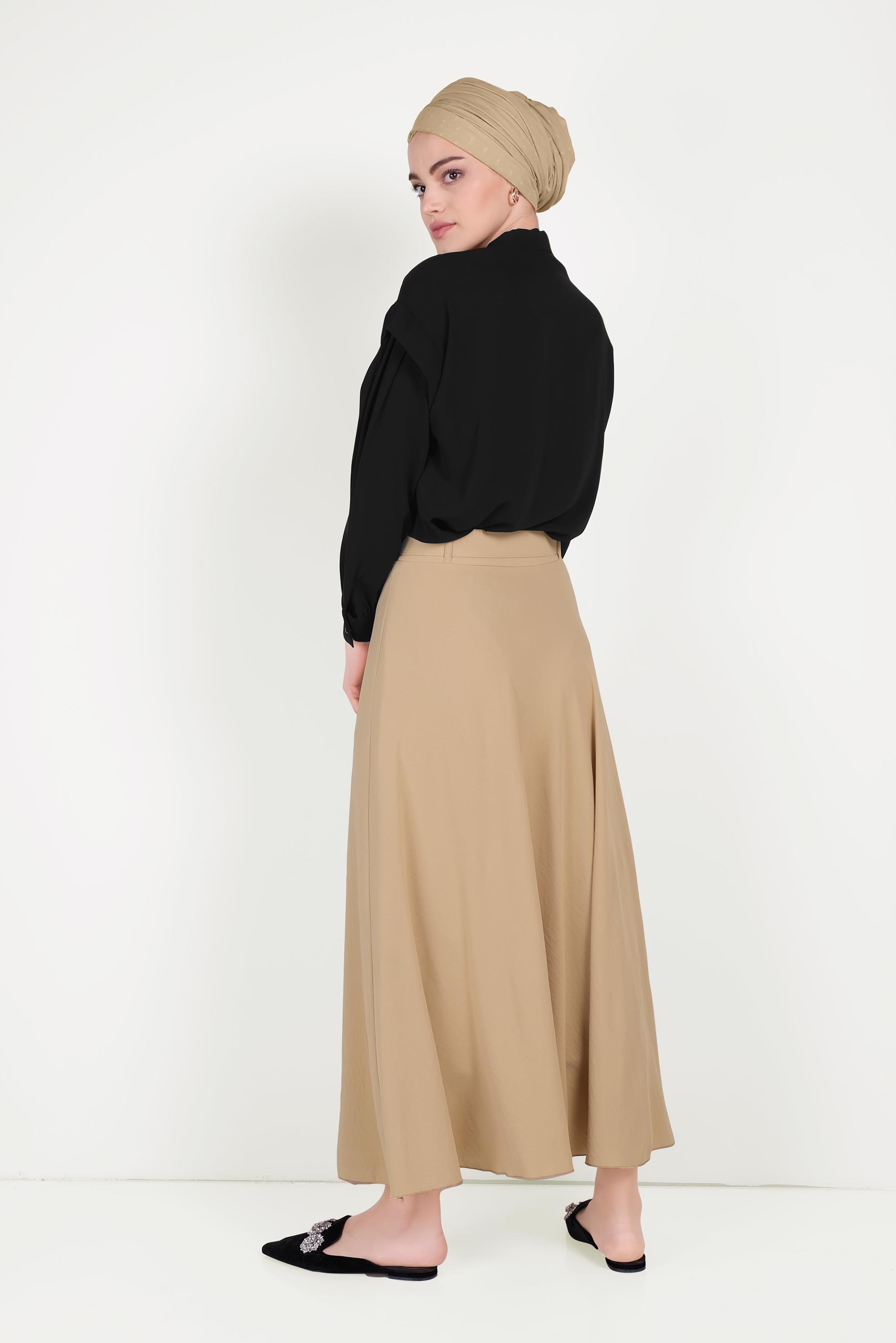 Tesettür giyim KAHVE KEMERLİ KLOŞ ETEK 60087