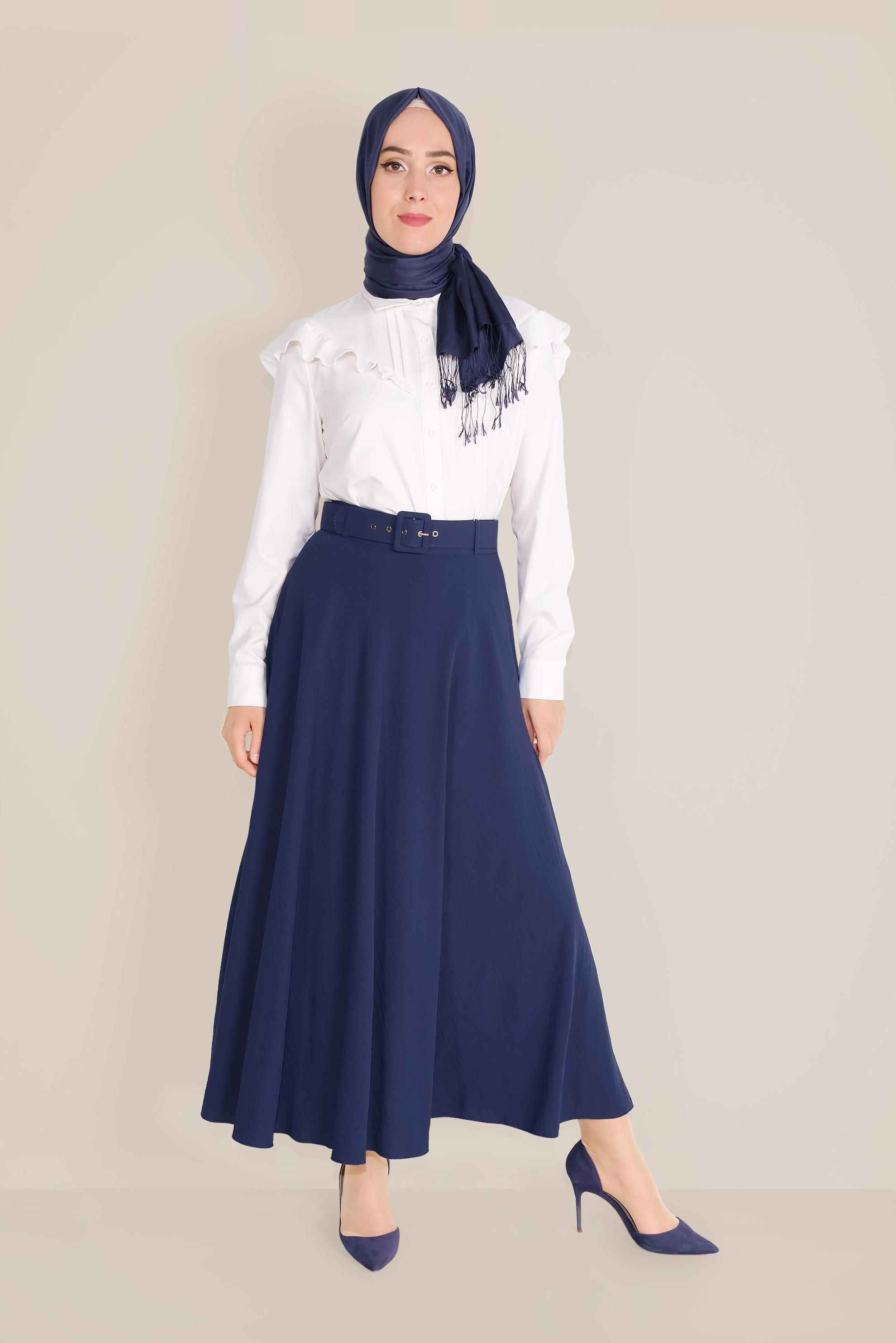 Tesettür giyim LACİVERT KEMERLİ KLOŞ ETEK 60087