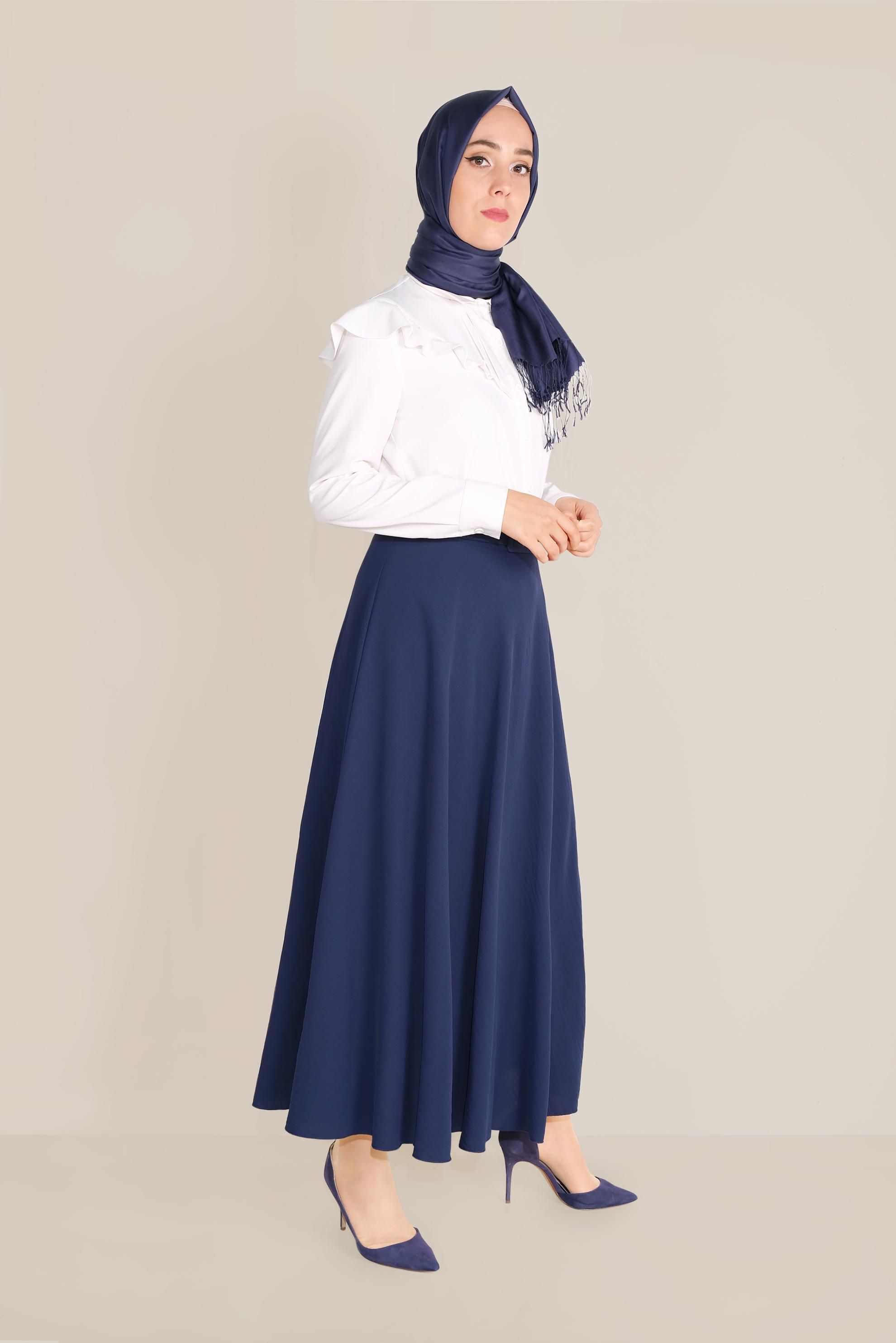 Tesettür giyim LACİVERT KEMERLİ KLOŞ ETEK 60087