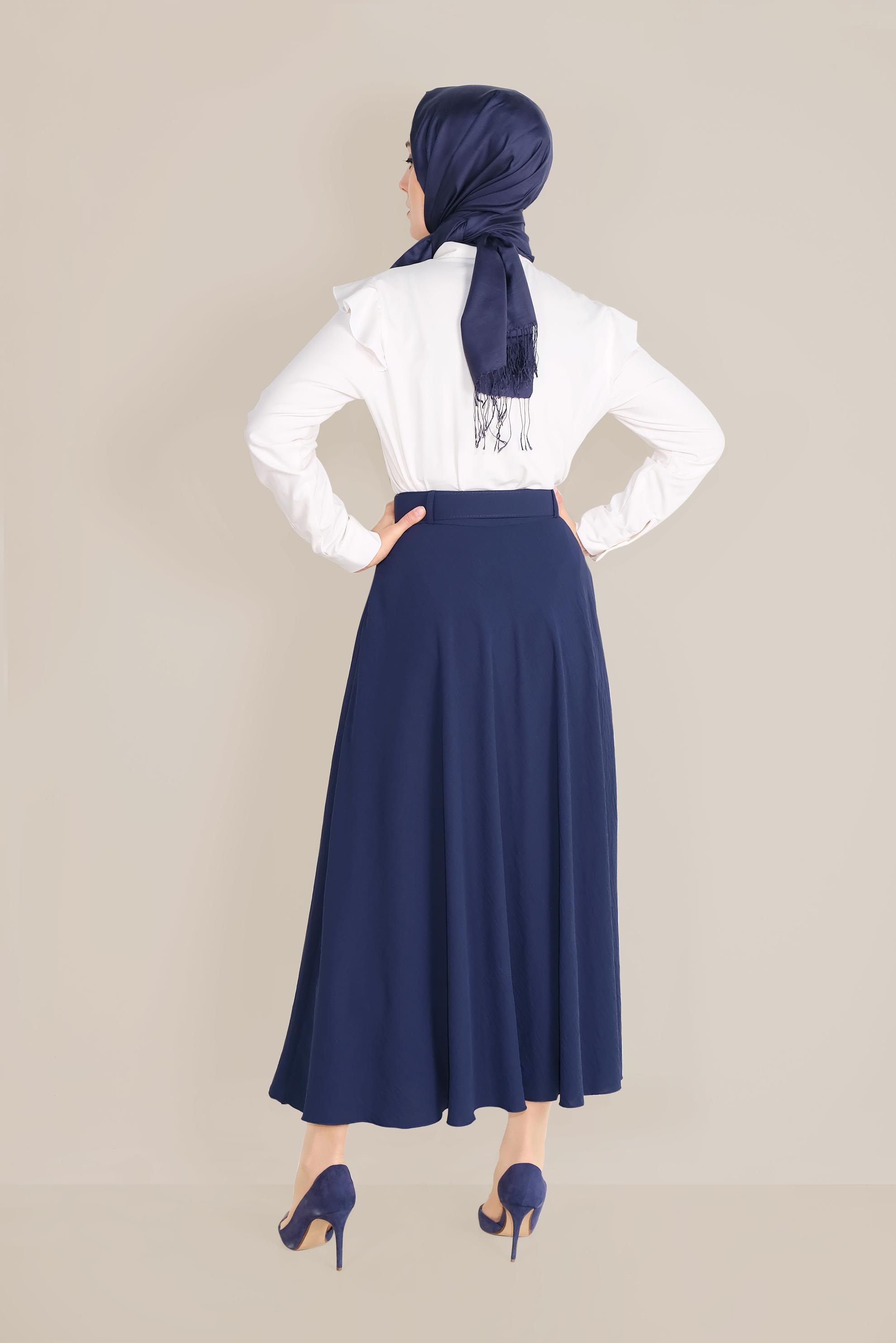 Tesettür giyim LACİVERT KEMERLİ KLOŞ ETEK 60087