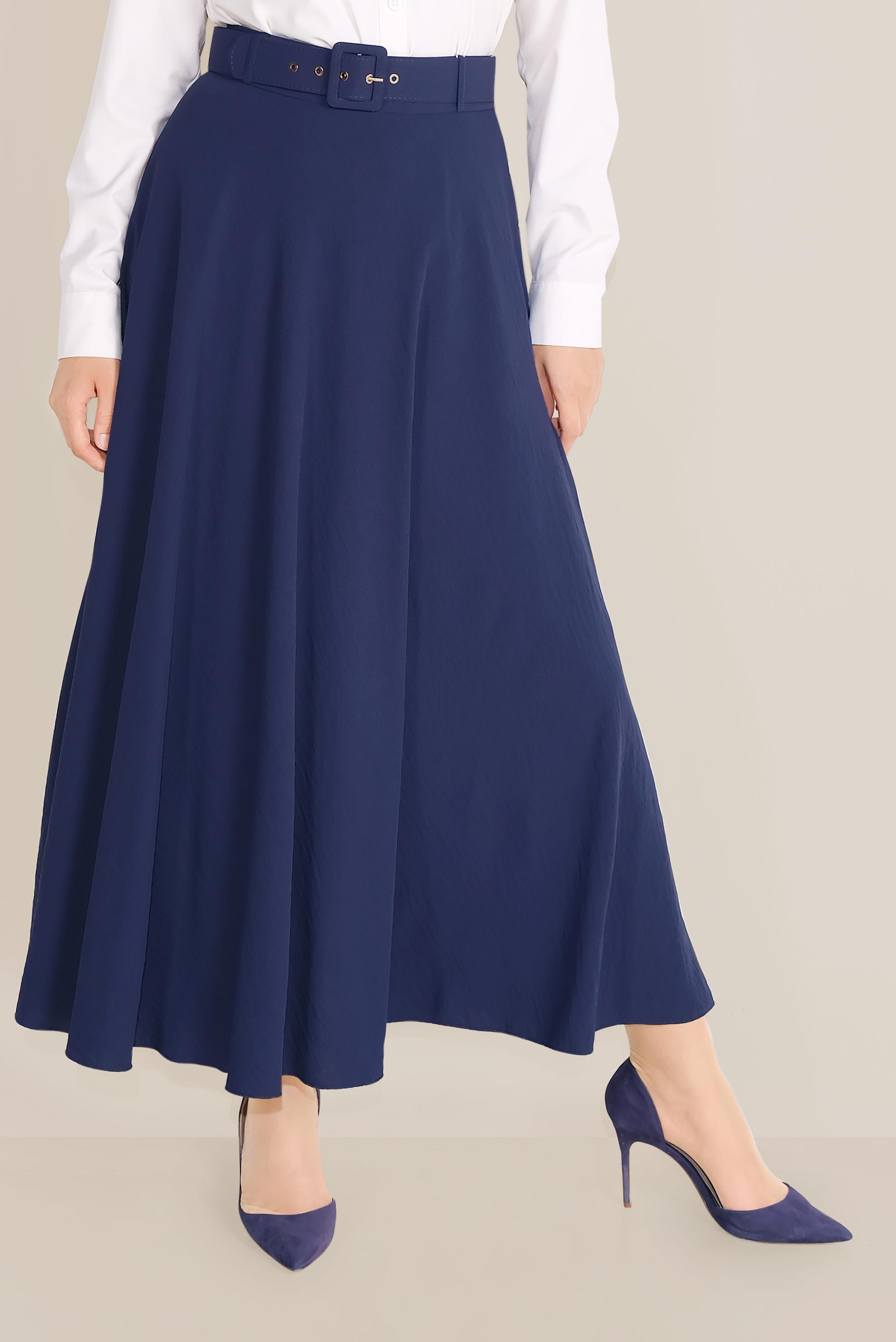 Tesettür giyim LACİVERT KEMERLİ KLOŞ ETEK 60087