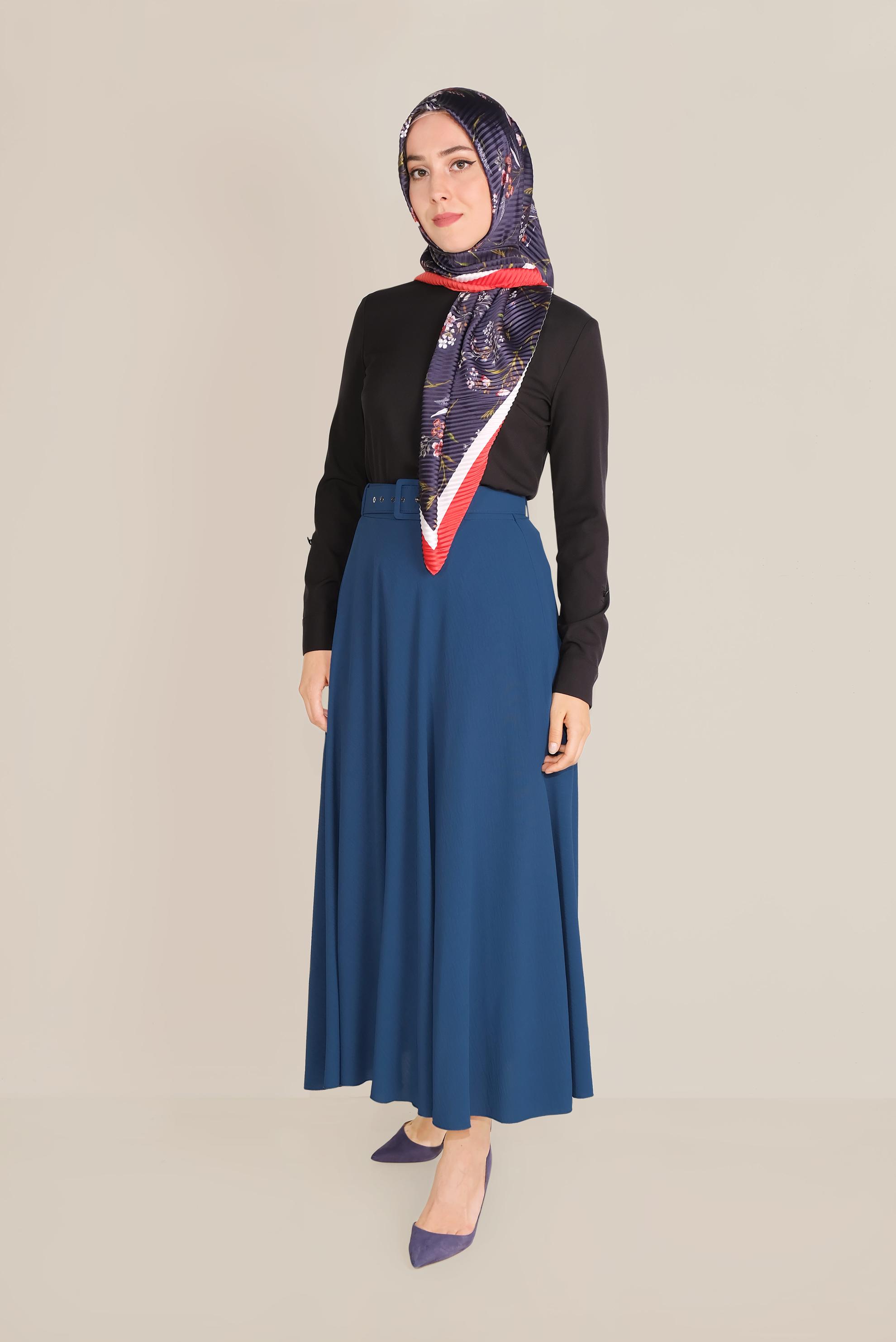 Tesettür giyim LACİVERT KEMERLİ KLOŞ ETEK 60087