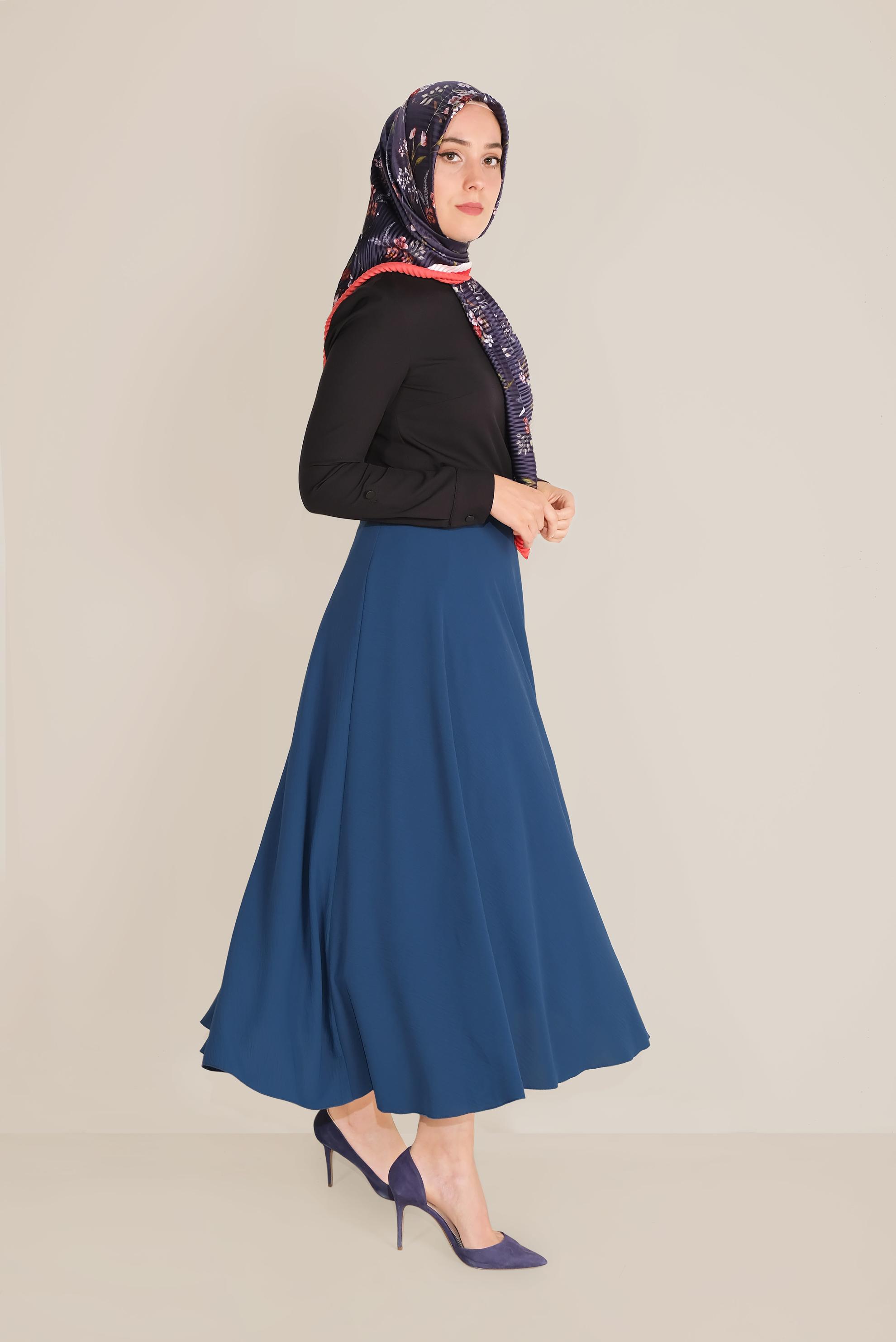 Tesettür giyim LACİVERT KEMERLİ KLOŞ ETEK 60087