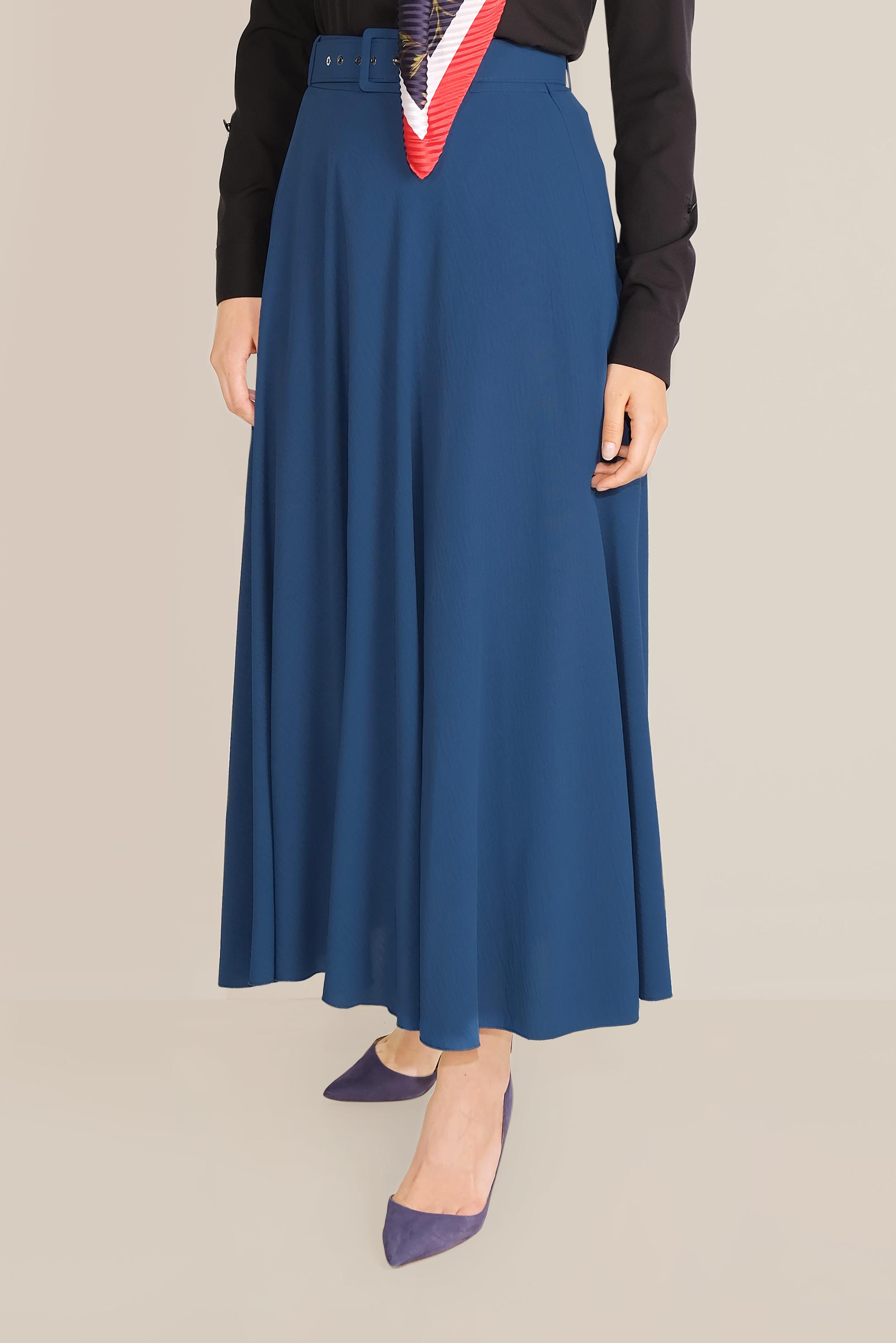 Tesettür giyim LACİVERT KEMERLİ KLOŞ ETEK 60087