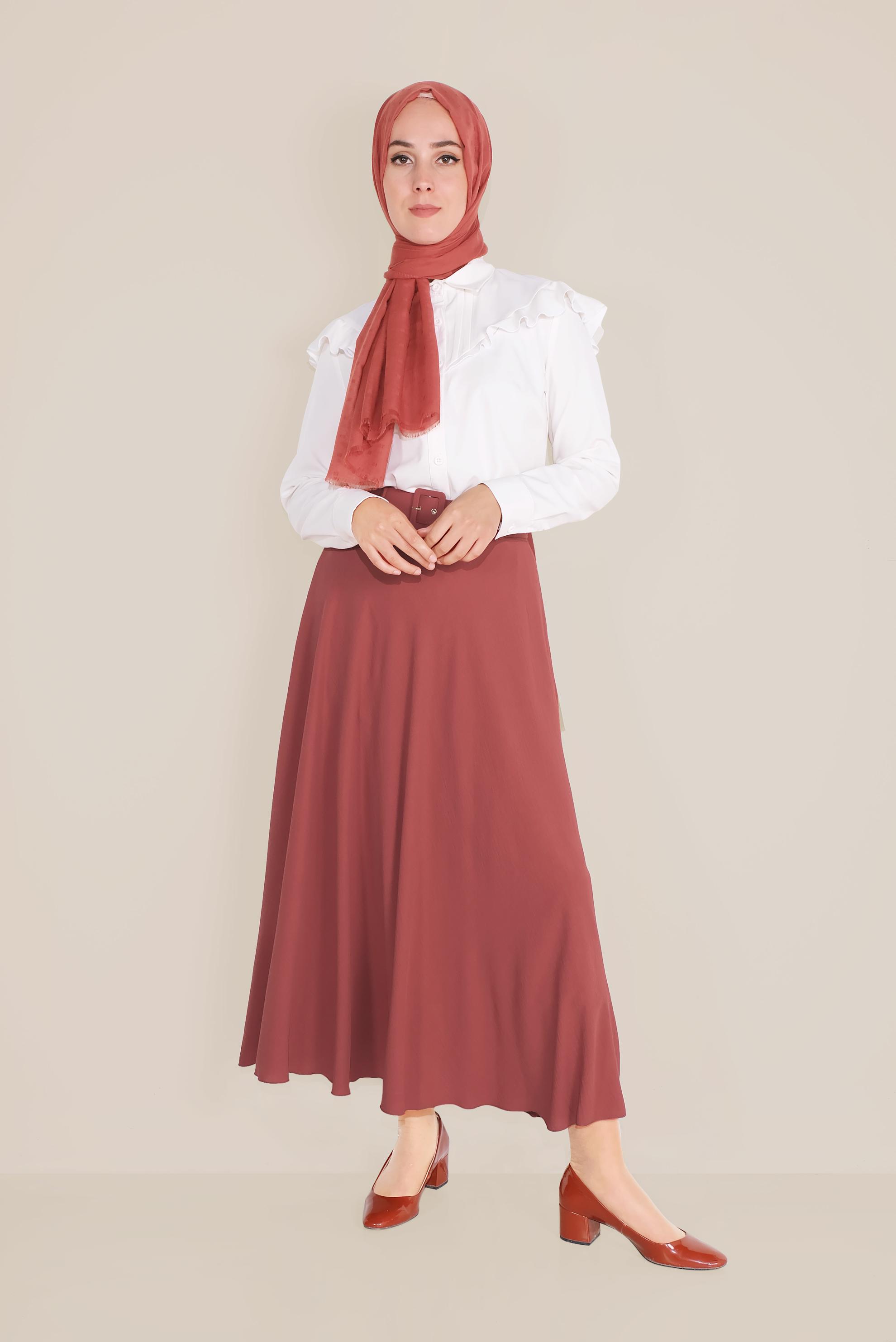 Tesettür giyim KAHVE KEMERLİ KLOŞ ETEK 60087